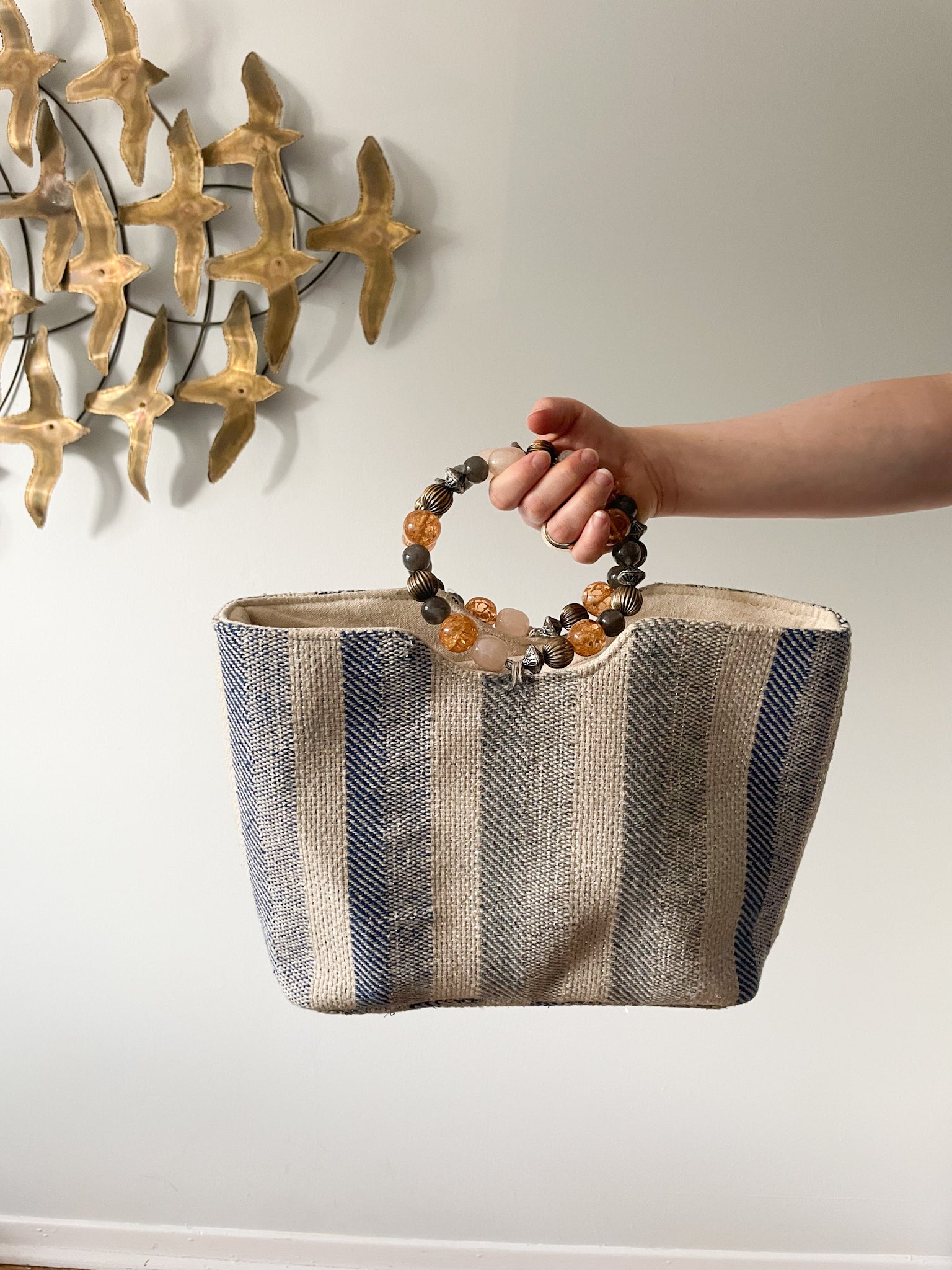 Nanette Lepore Blue and White Metallic Stripe Woven Boho Bag with Bead – Le  Prix Fashion & Consulting