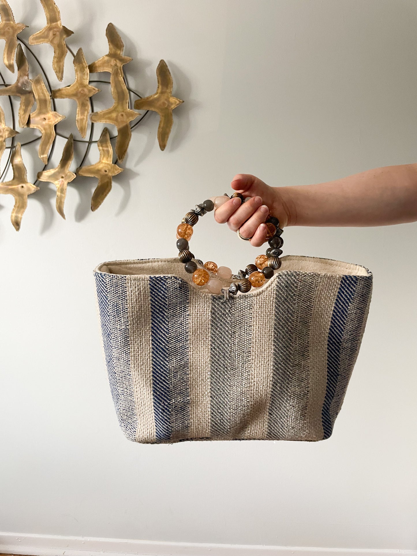 Nanette Lepore Blue and White Metallic Stripe Woven Boho Bag with Beaded Handles