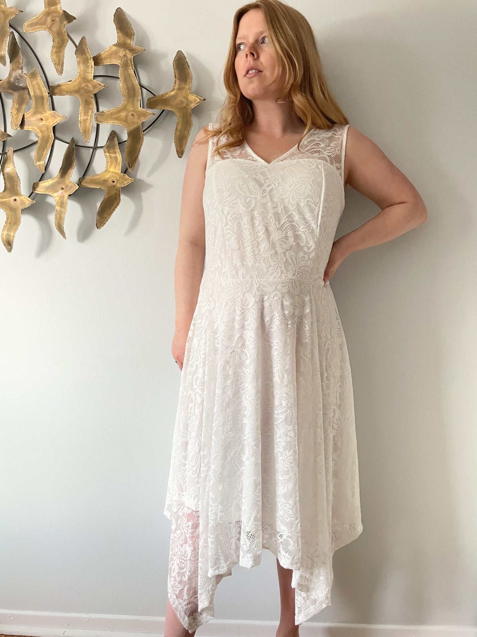 MeetJen White Lace Sleeveless Asymmetrical Hem Fit Flare Dress NWT - 3XL MeetJen White Lace Sleeveless Asymmetrical Hem Fit Flare Dress NWT - 3XL