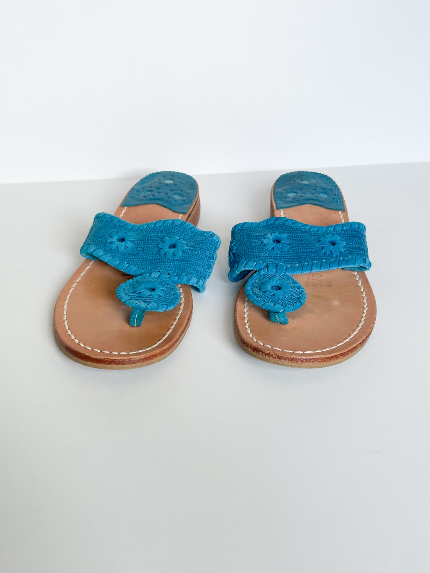 Jack Rogers Leather Turquoise Flat Slide Sandals - Size 5