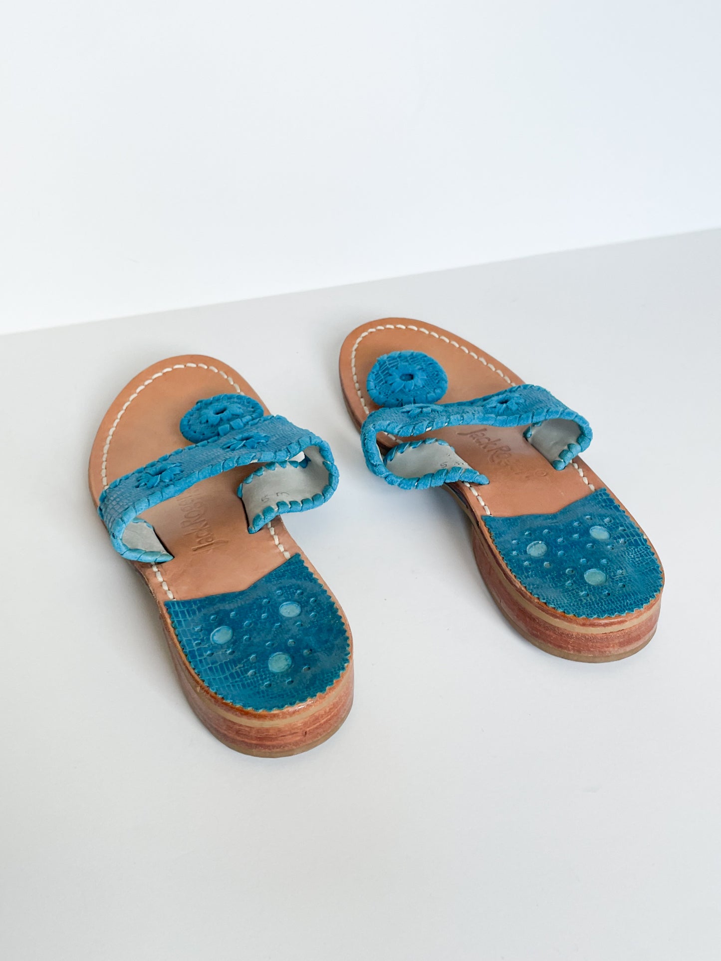 Jack Rogers Leather Turquoise Flat Slide Sandals - Size 5