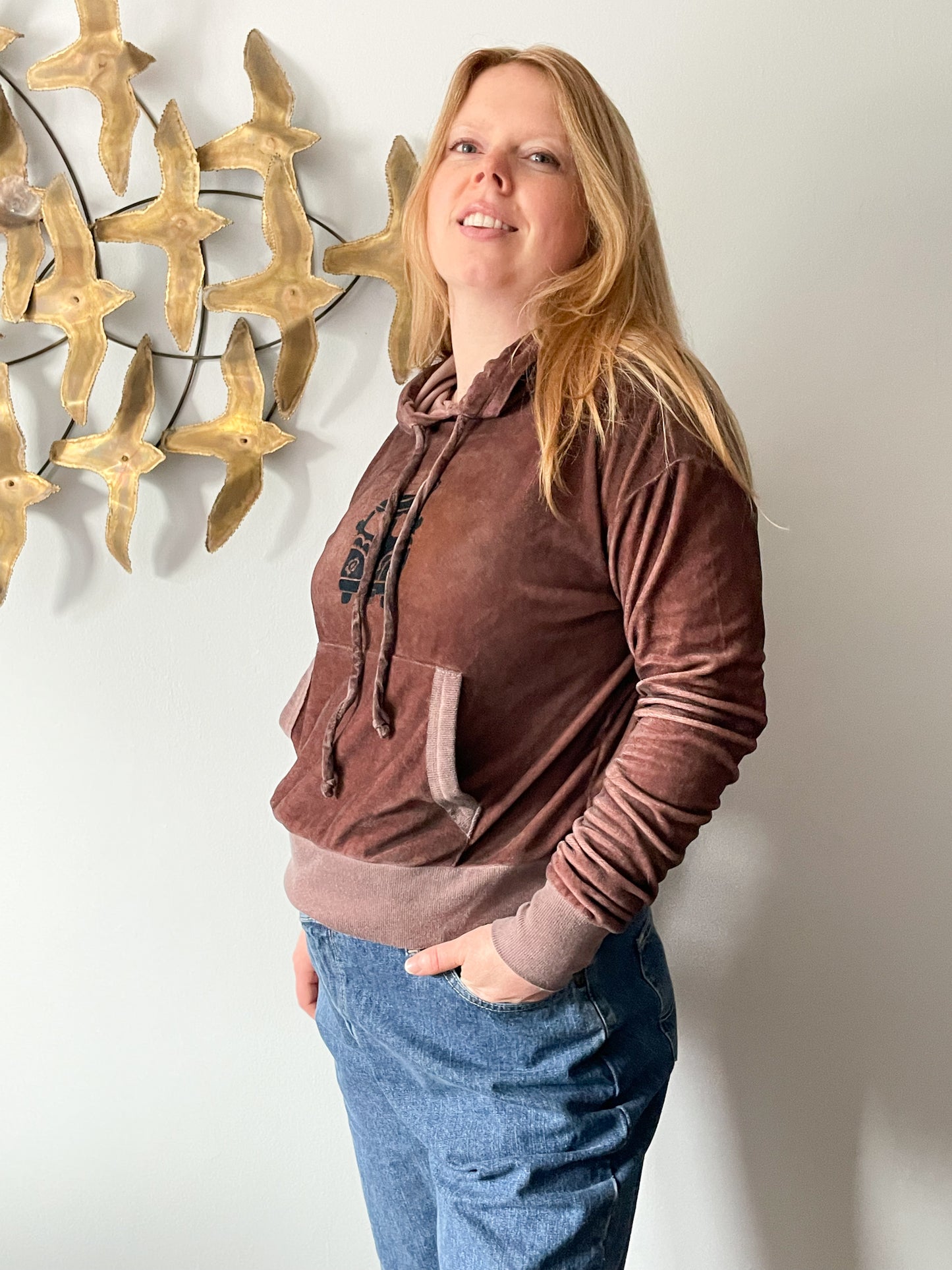 Upcycled Burgundy Brown Hippie Van Love Bus Cropped Hooded Sweater - S/M