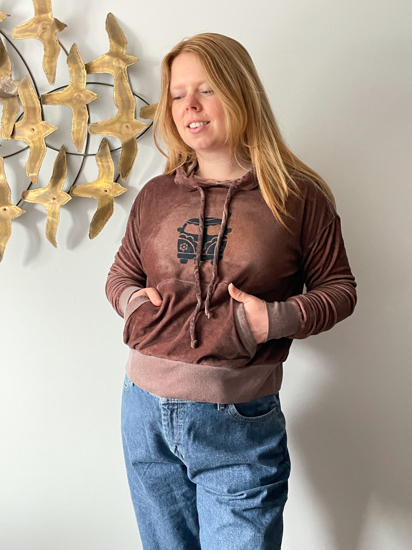 Upcycled Burgundy Brown Hippie Van Love Bus Cropped Hooded Sweater - S/M