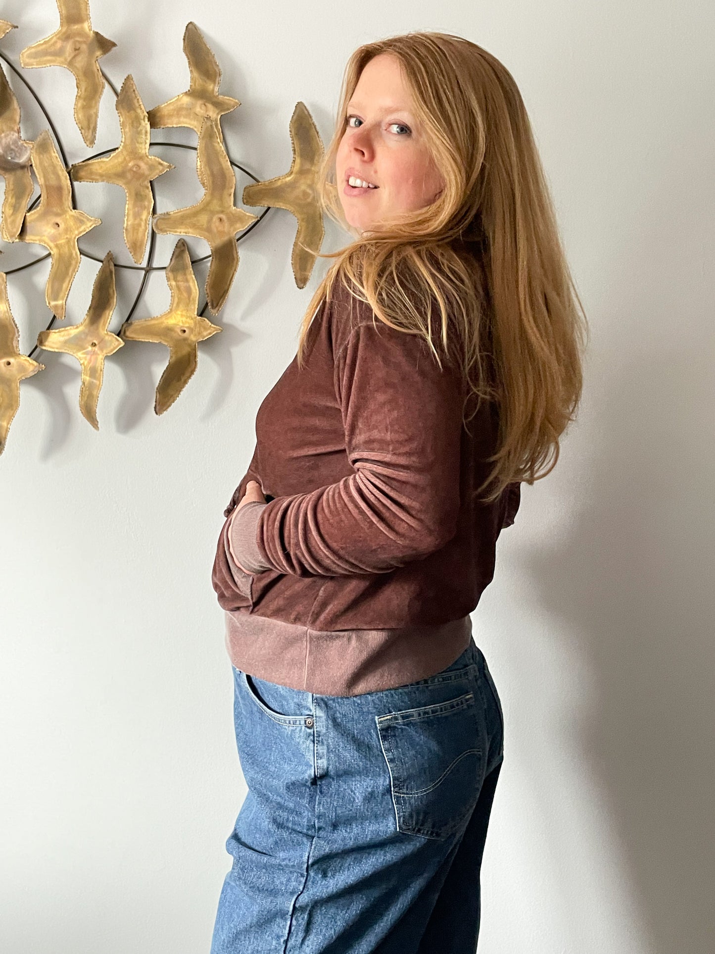 Upcycled Burgundy Brown Hippie Van Love Bus Cropped Hooded Sweater - S/M