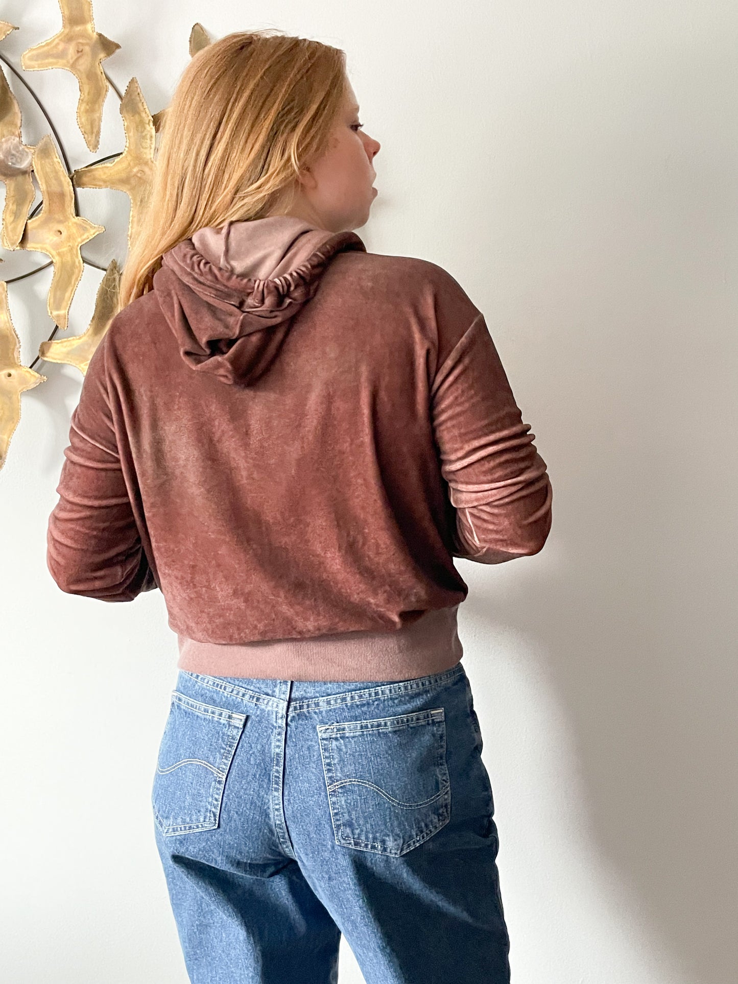 Upcycled Burgundy Brown Hippie Van Love Bus Cropped Hooded Sweater - S/M