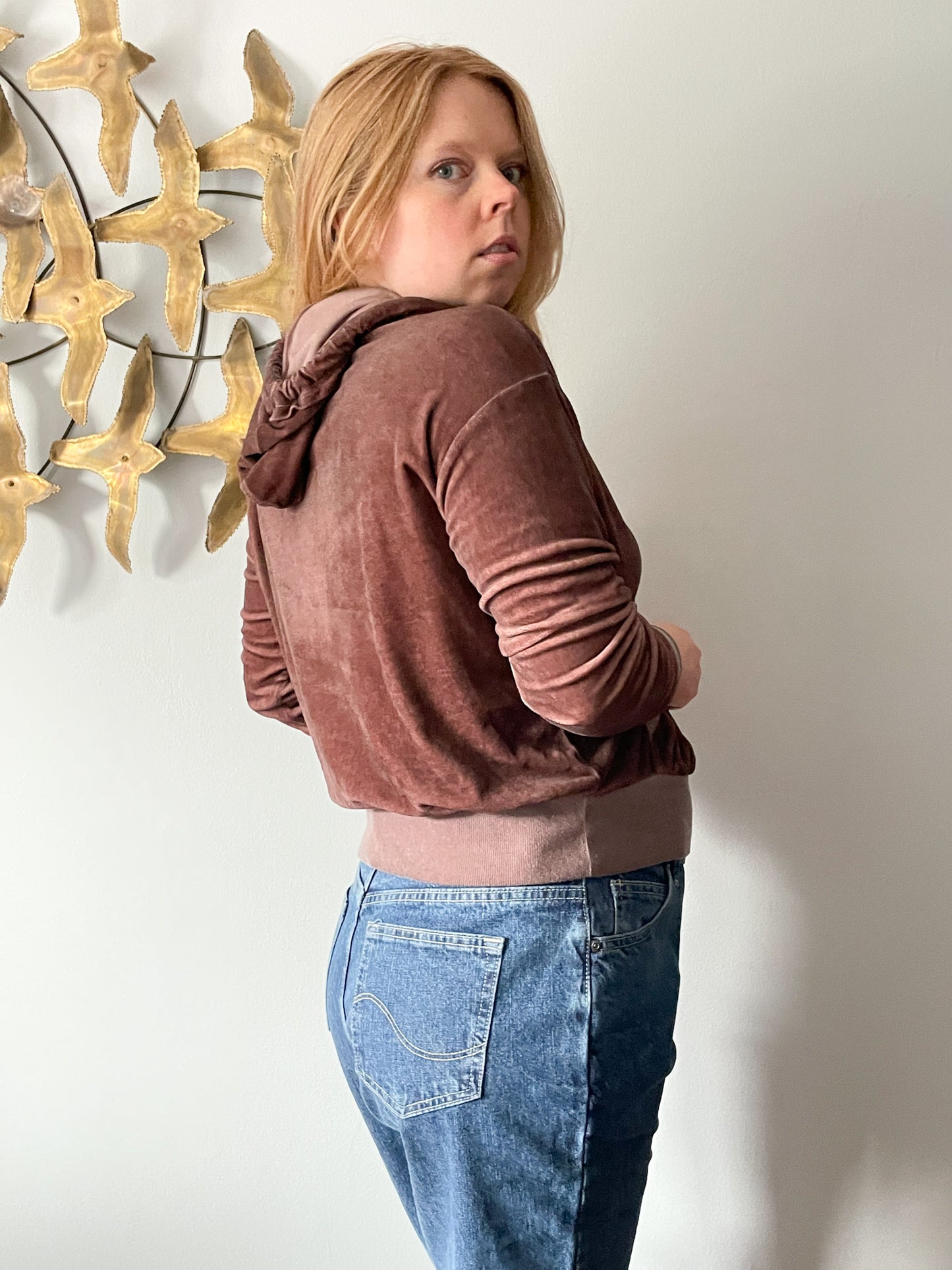 Upcycled Burgundy Brown Hippie Van Love Bus Cropped Hooded Sweater - S/M