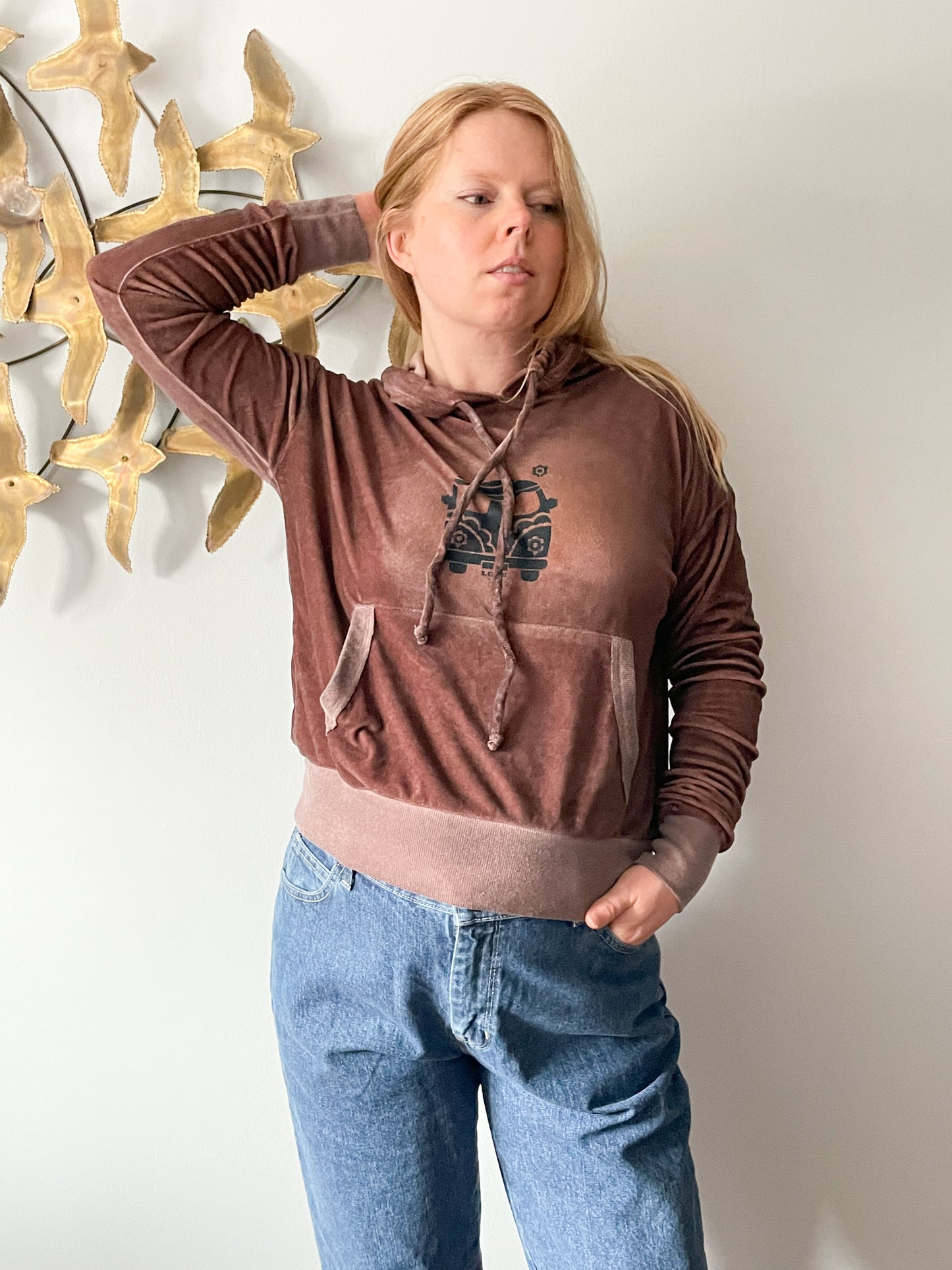 Upcycled Burgundy Brown Hippie Van Love Bus Cropped Hooded Sweater - S/M