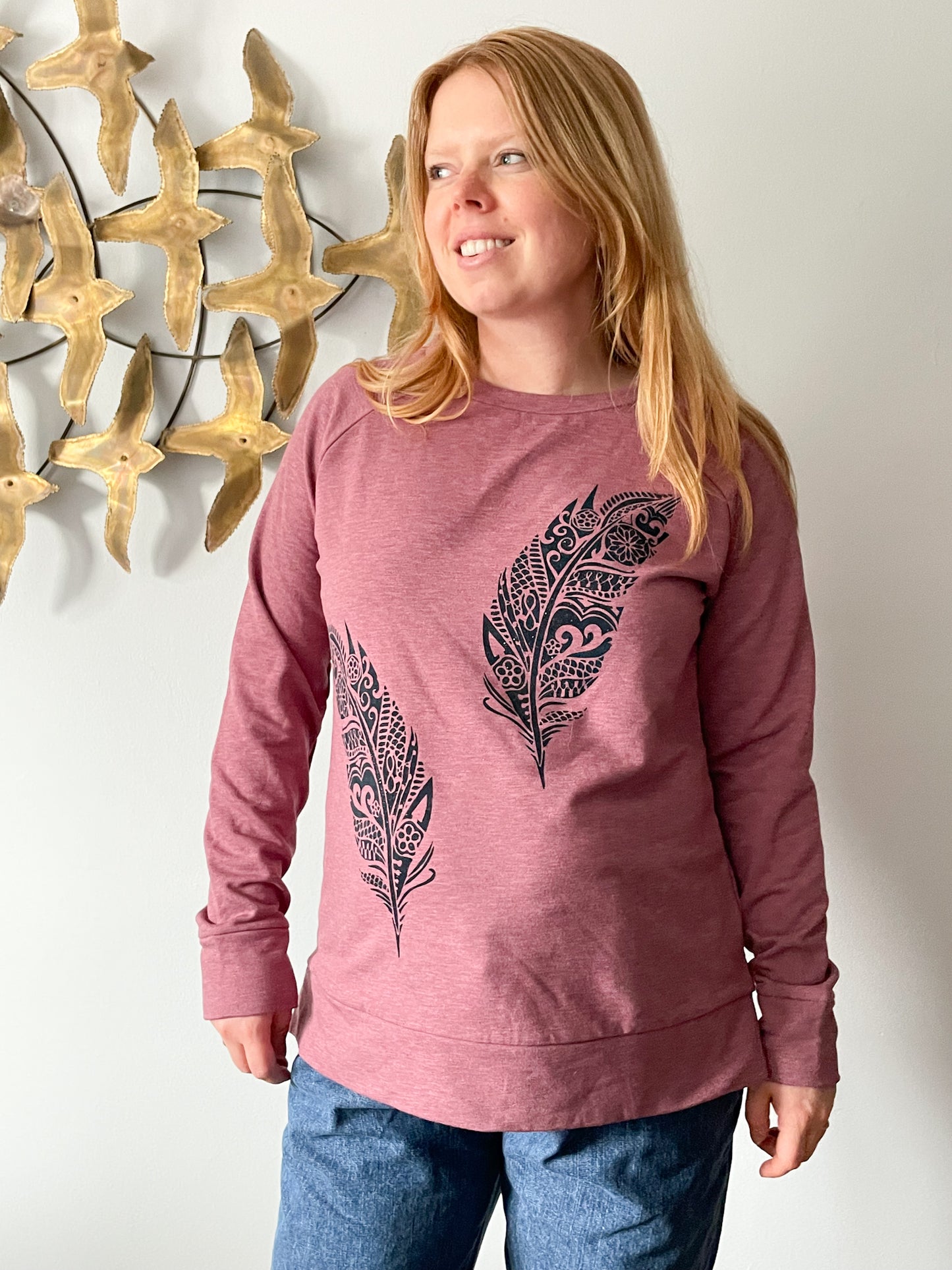 Upcycled Heathered Dark Pink Sweater with Sparkling Falling Feathers - M/L