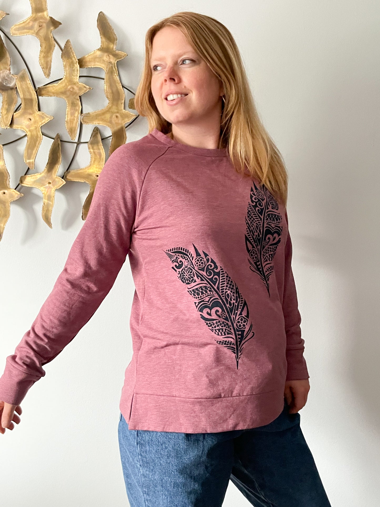 Upcycled Heathered Dark Pink Sweater with Sparkling Falling Feathers - M/L