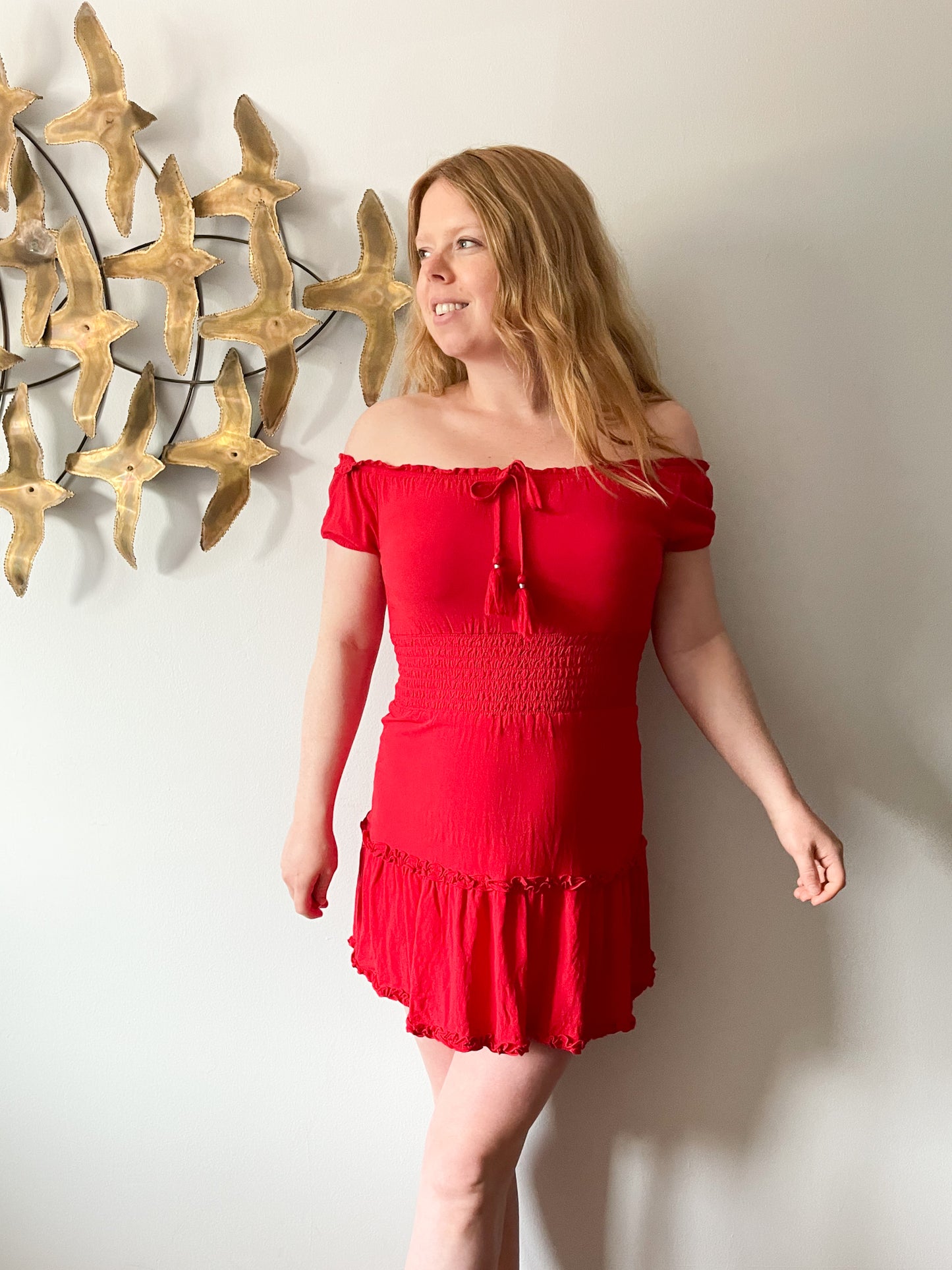American Eagle Red Rouched Shoulder Fit Flare Ruffle Dress - S/M