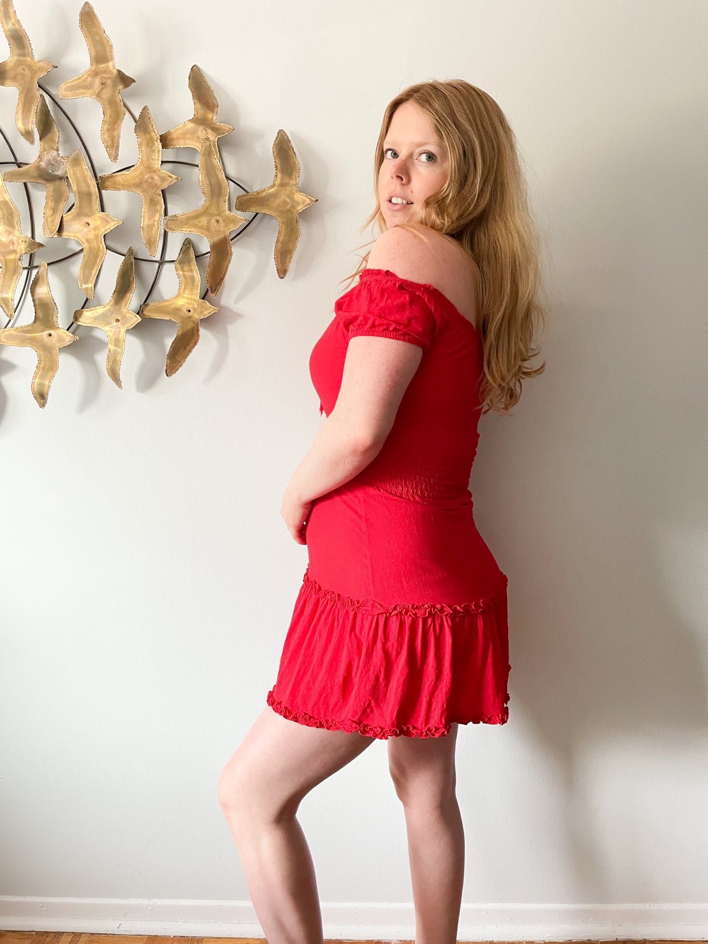 American Eagle Red Rouched Shoulder Fit Flare Ruffle Dress - S/M