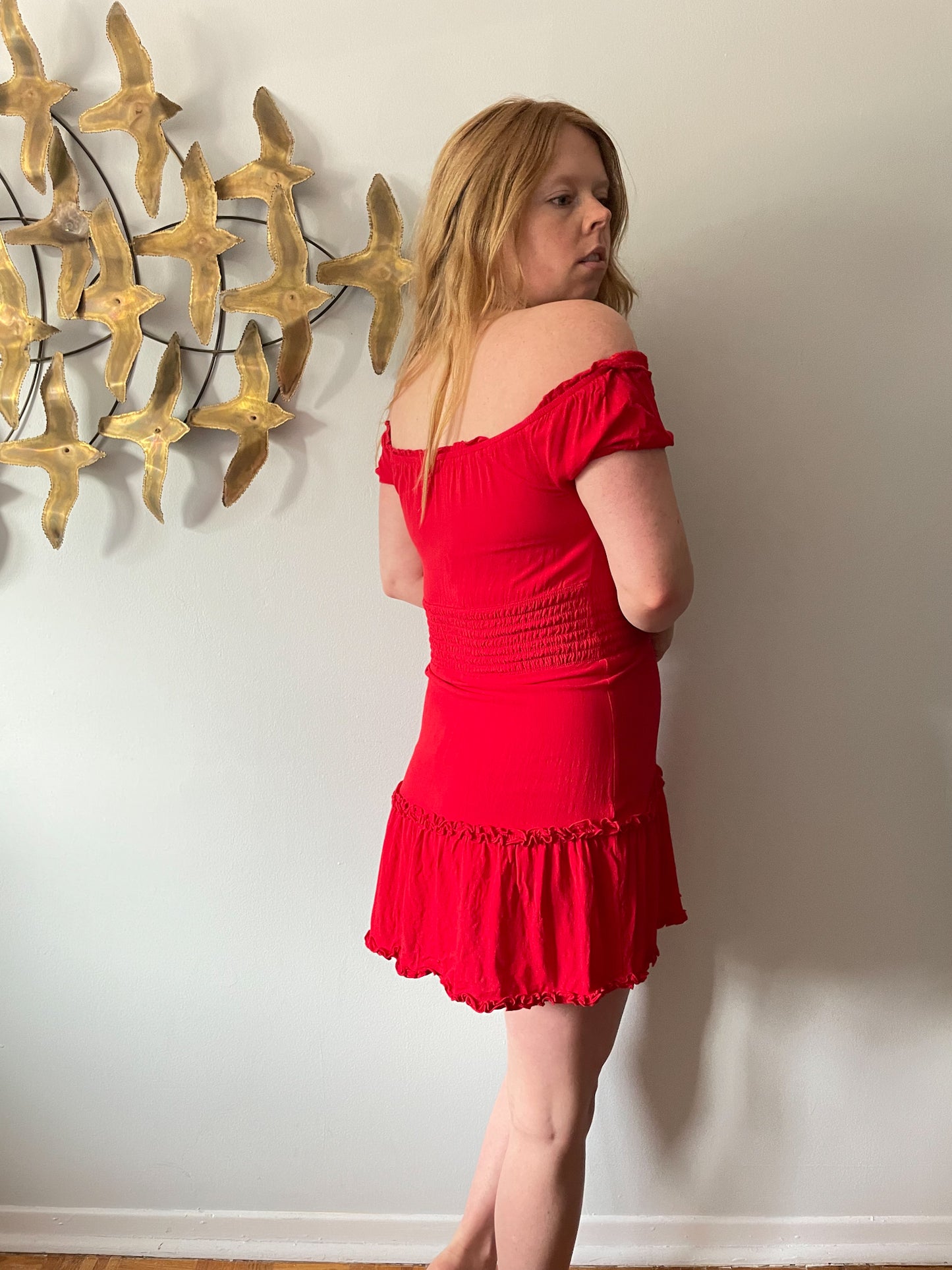 American Eagle Red Rouched Shoulder Fit Flare Ruffle Dress - S/M