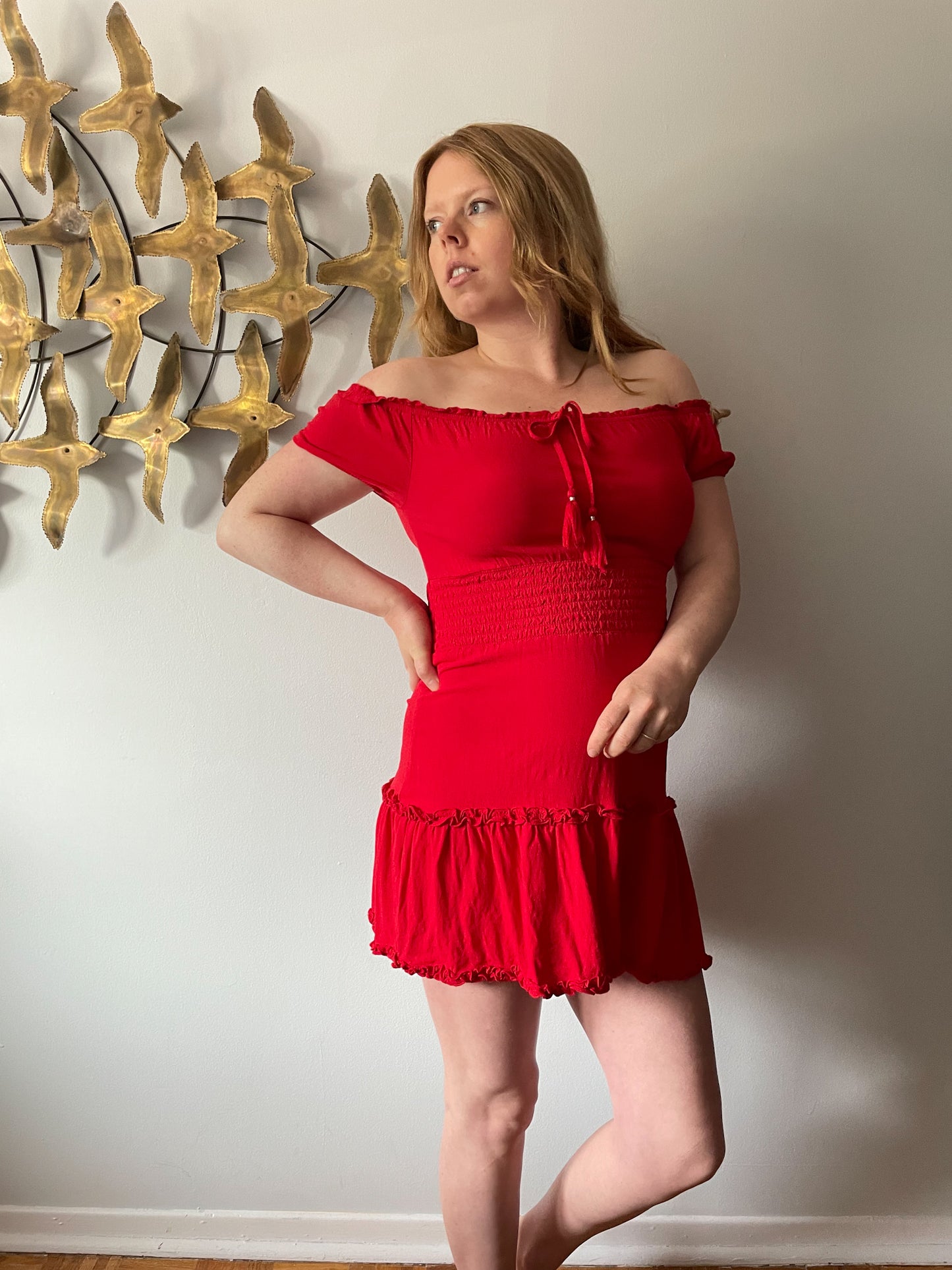 American Eagle Red Rouched Shoulder Fit Flare Ruffle Dress - S/M