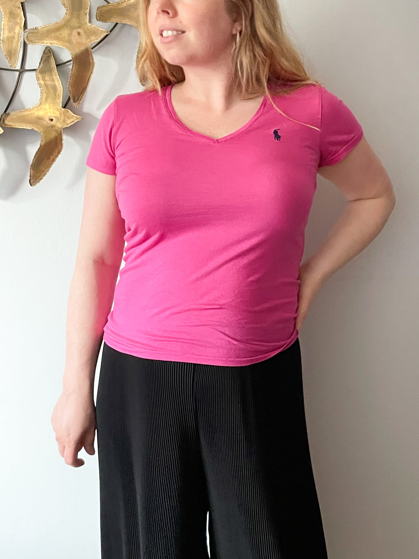 Ralph Lauren Sport Barbie Pink V-Neck Pima Cotton T-Shirt - Small