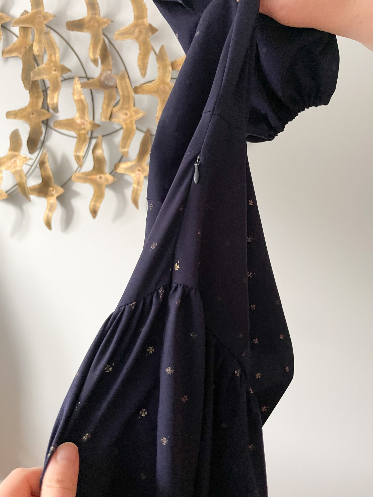 Navy Gold Foil Four Leaf Clover Ruffle Balloon Sleeve Maxi Dress - Large