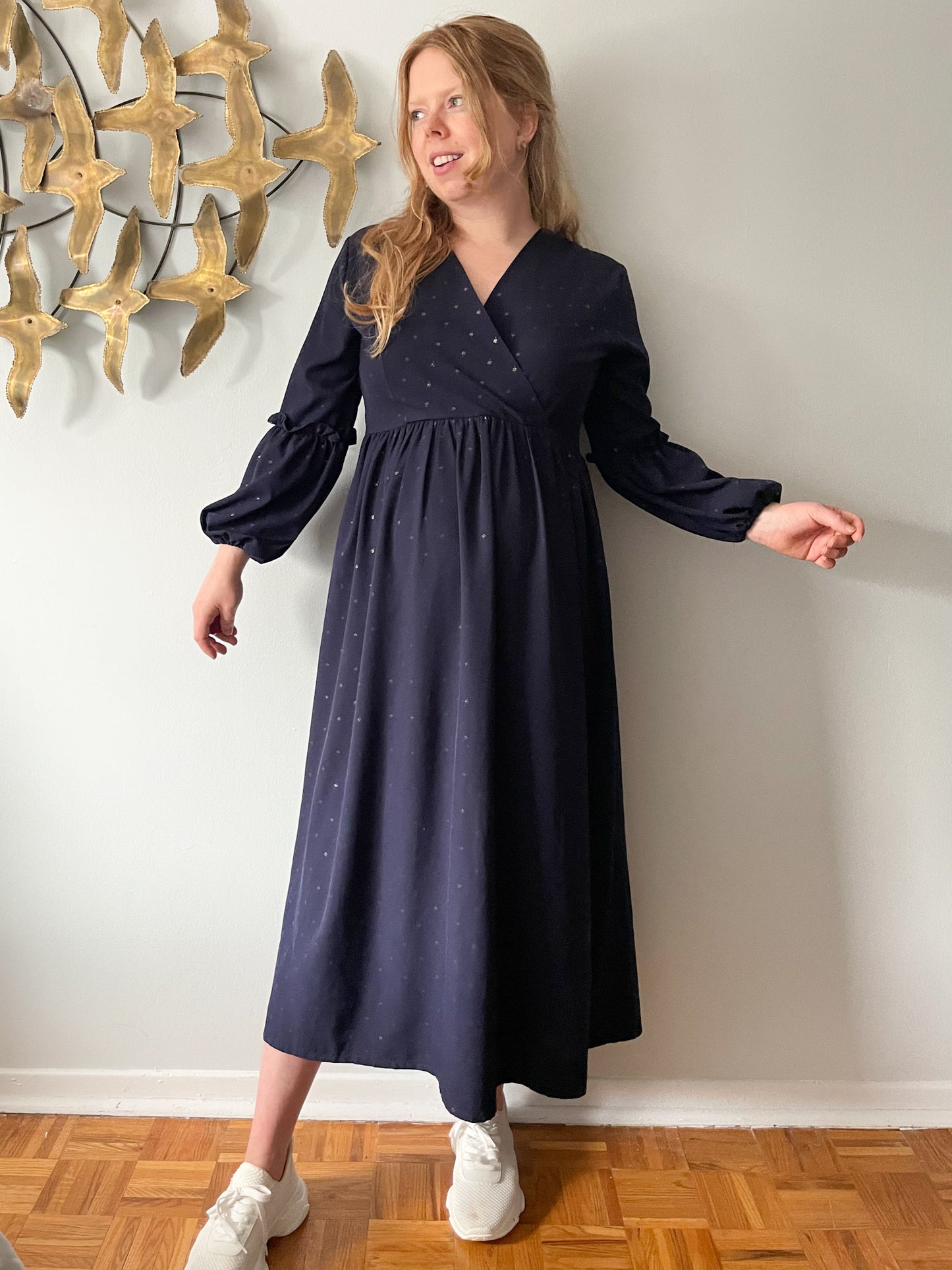 Navy Gold Foil Four Leaf Clover Ruffle Balloon Sleeve Maxi Dress - Large