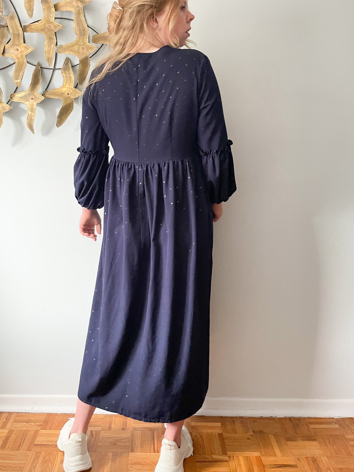 Navy Gold Foil Four Leaf Clover Ruffle Balloon Sleeve Maxi Dress - Large