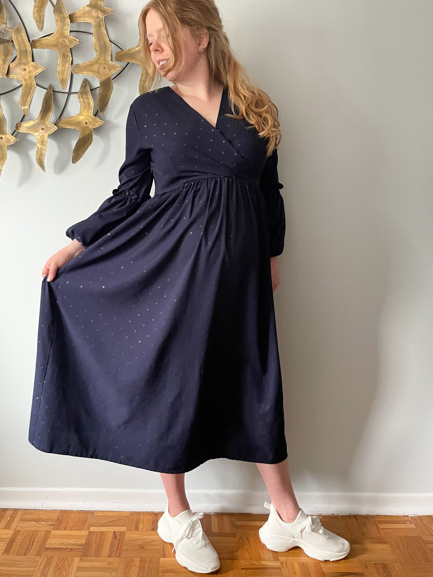 Navy Gold Foil Four Leaf Clover Ruffle Balloon Sleeve Maxi Dress - Large