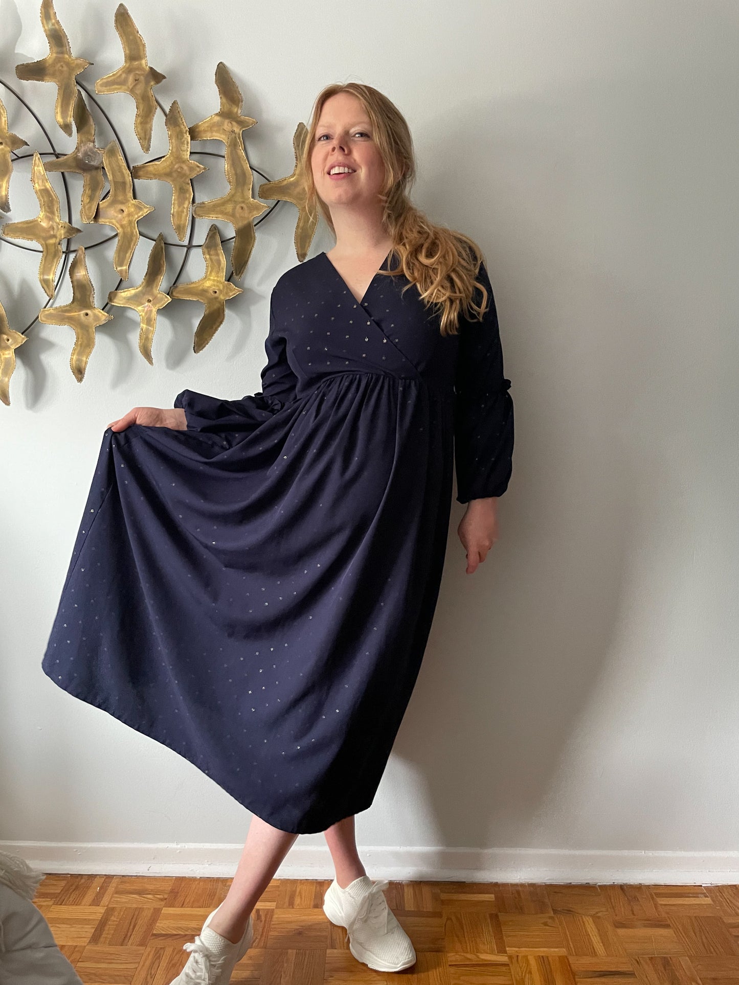 Navy Gold Foil Four Leaf Clover Ruffle Balloon Sleeve Maxi Dress - Large