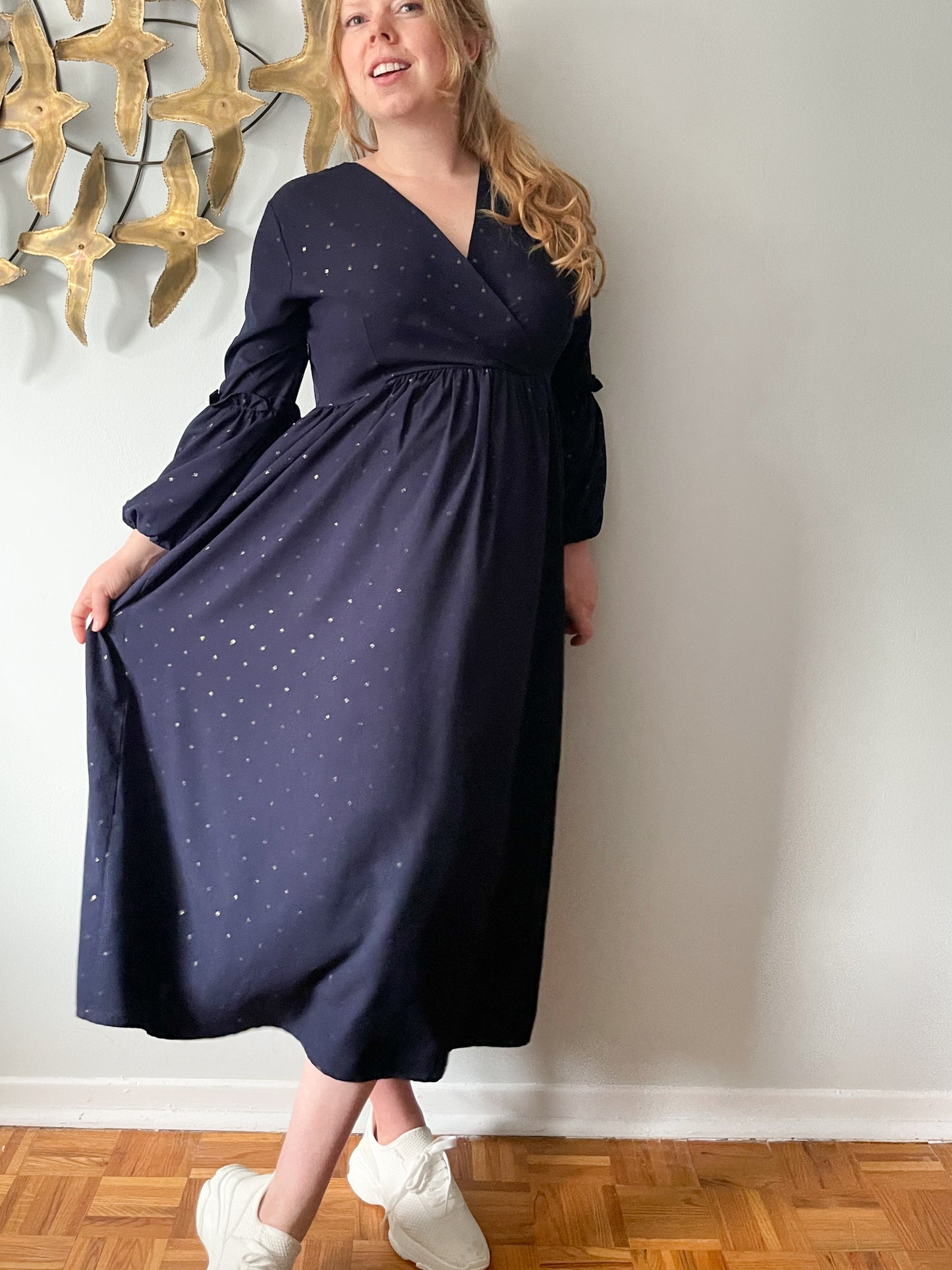 Navy Gold Foil Four Leaf Clover Ruffle Balloon Sleeve Maxi Dress - Large