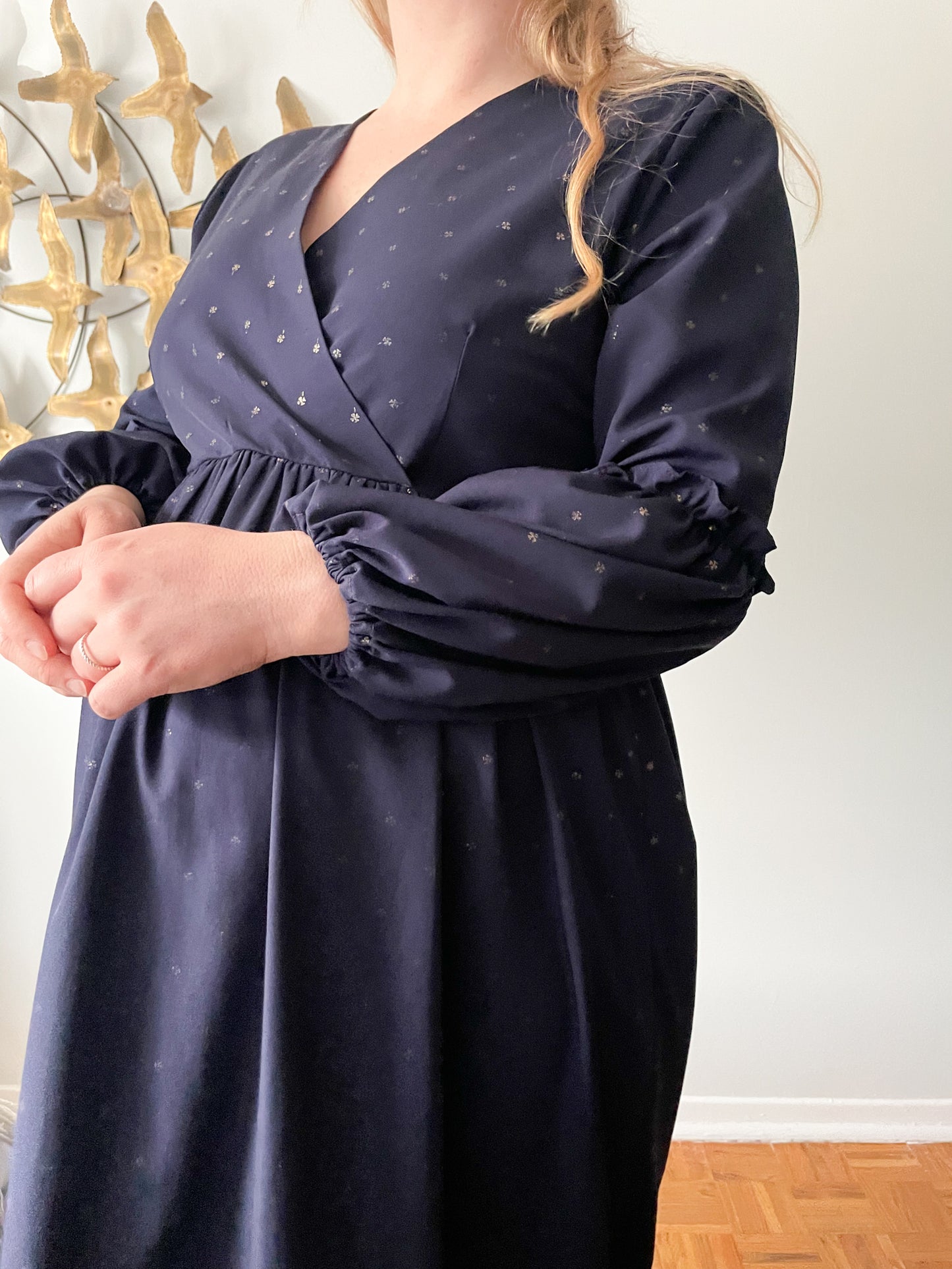 Navy Gold Foil Four Leaf Clover Ruffle Balloon Sleeve Maxi Dress - Large