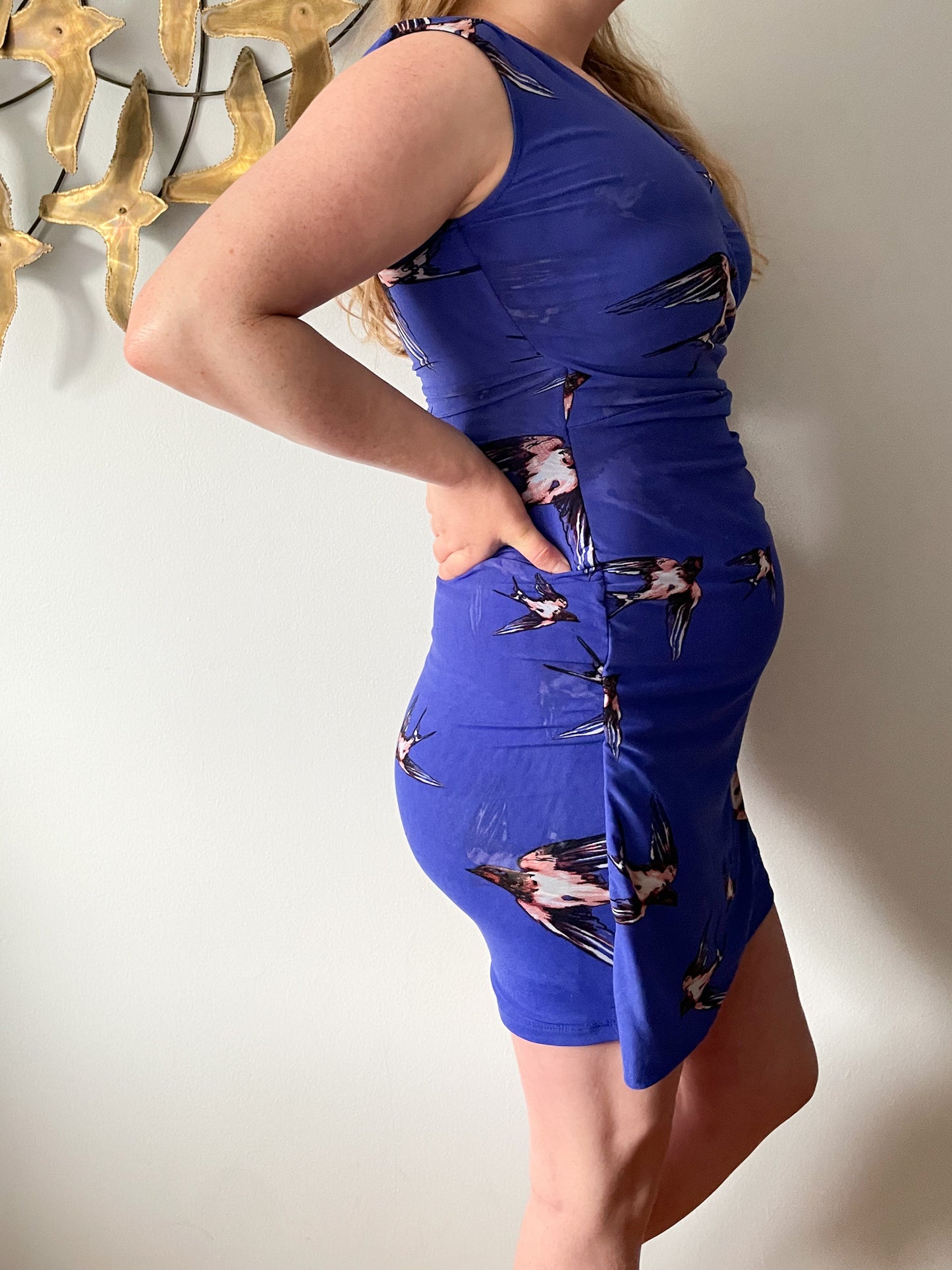 Le Chateau Royal Blue Bird Print Wrap Style V-Neck Dress - XS/S