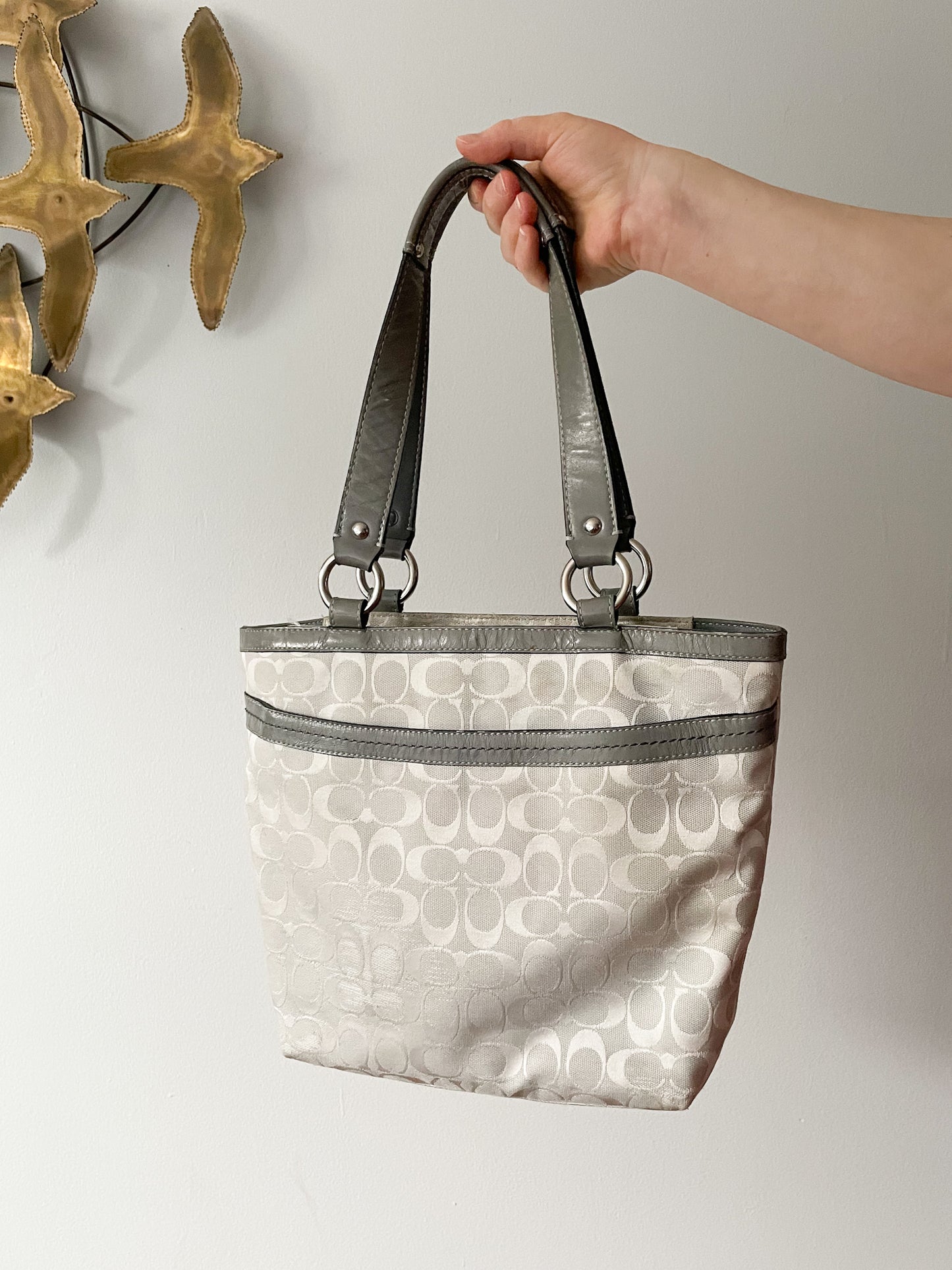 Coach Grey Logo Textile Leather Trim Tote Bag