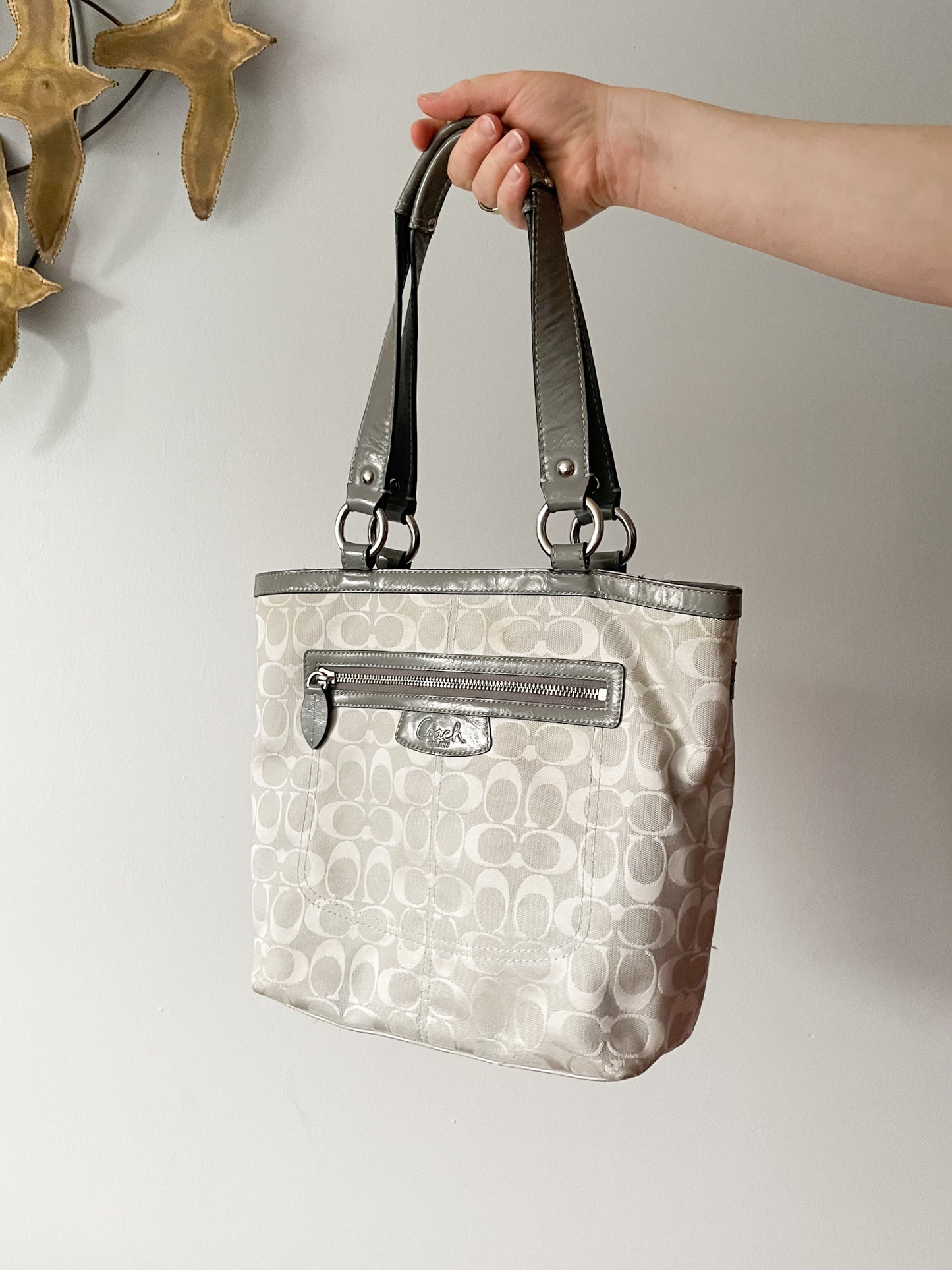 Coach Grey Logo Textile Leather Trim Tote Bag