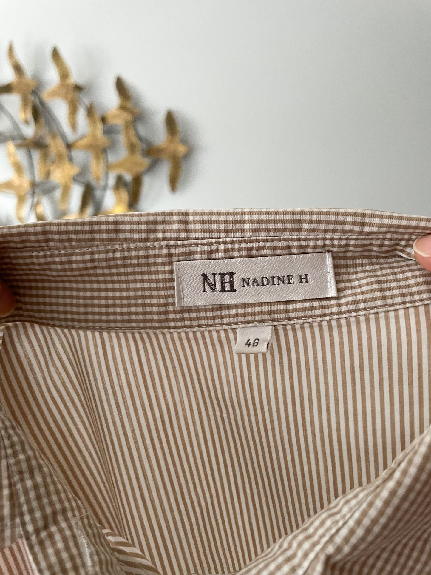 Vintage Nadine H Cotton Stretch Taupe Micro Gingham Collared Button Down Shirt - L/XL