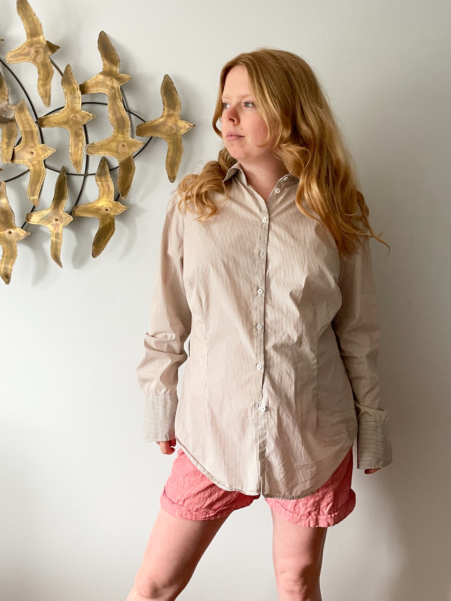 Vintage Nadine H Cotton Stretch Taupe Micro Gingham Collared Button Down Shirt - L/XL