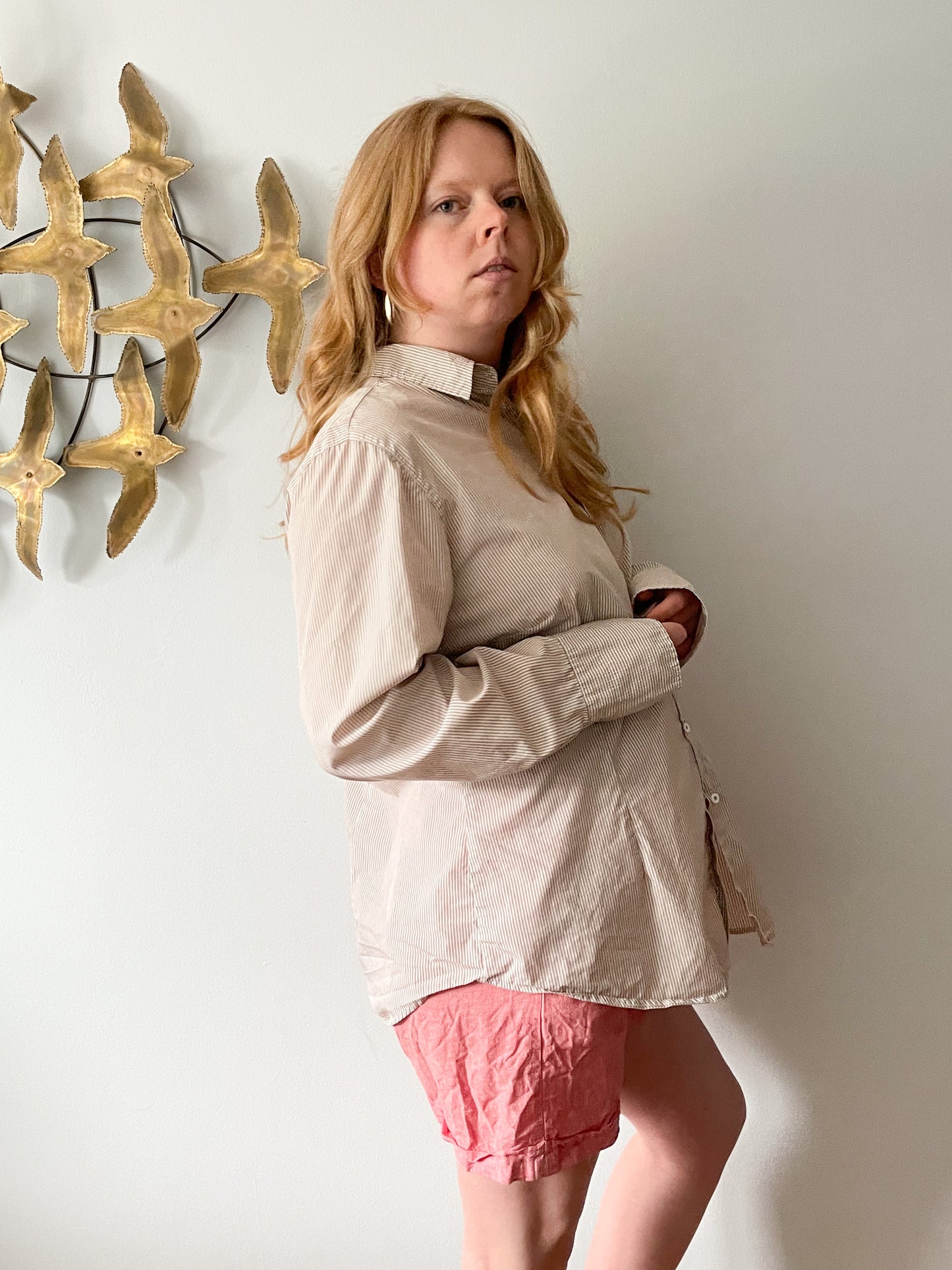 Vintage Nadine H Cotton Stretch Taupe Micro Gingham Collared Button Down Shirt - L/XL