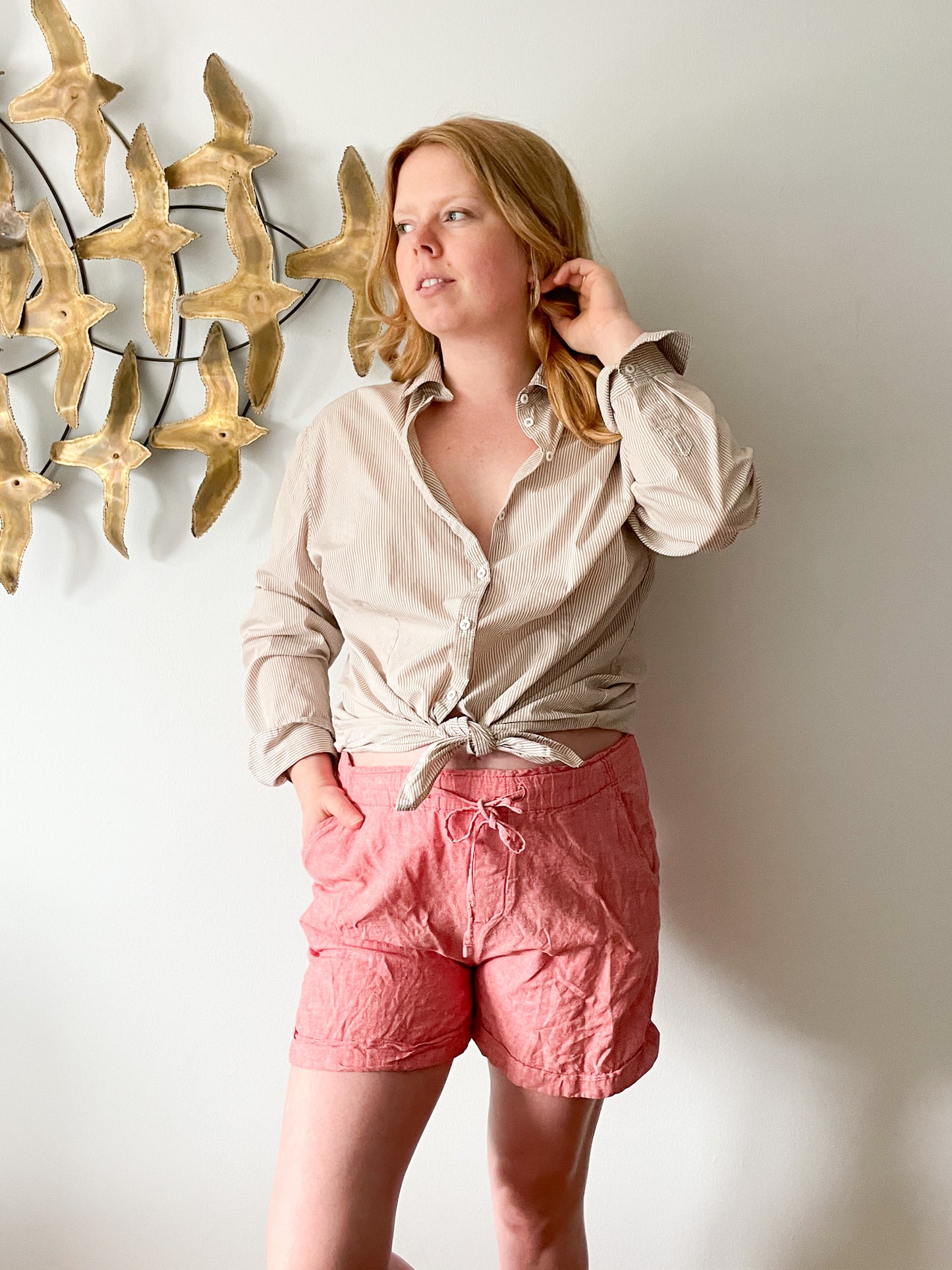 Vintage Nadine H Cotton Stretch Taupe Micro Gingham Collared Button Down Shirt - L/XL