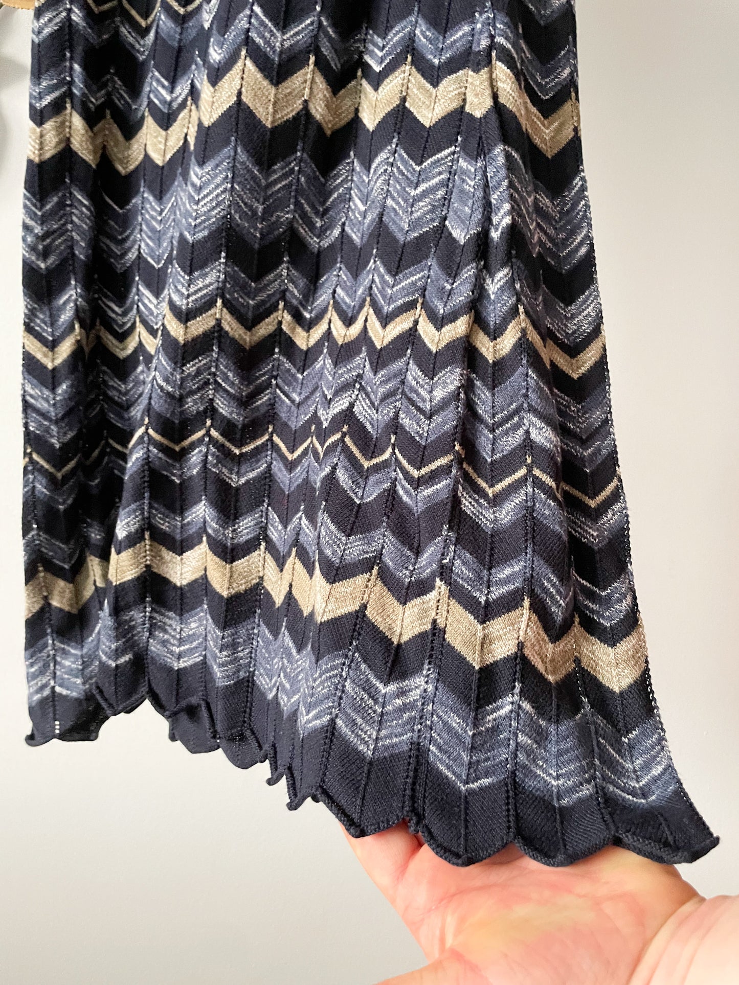 Blue Taupe Chevron 100% Cotton Knit Halter Sheath Dress - XS/S