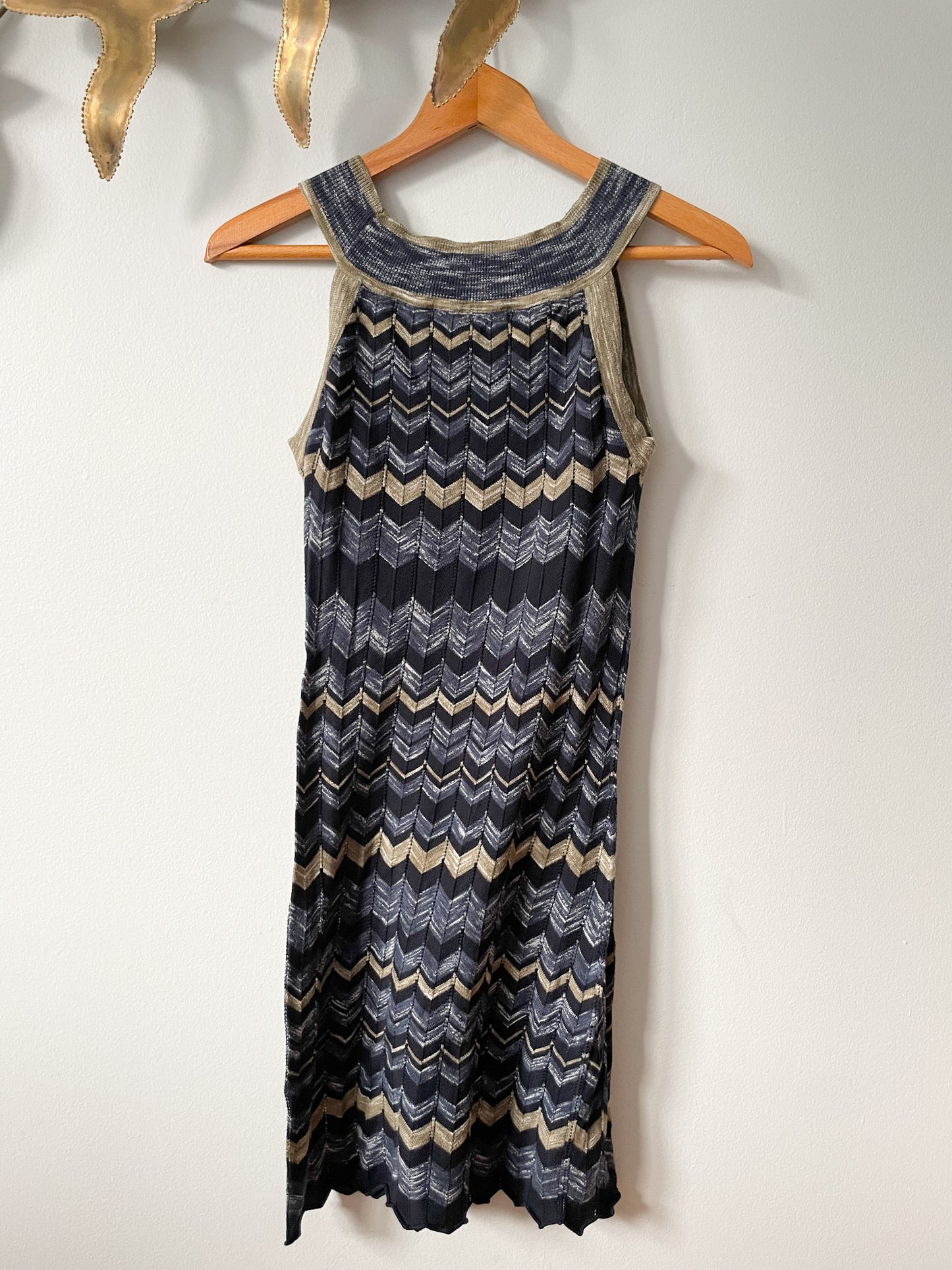 Blue Taupe Chevron 100% Cotton Knit Halter Sheath Dress - XS/S