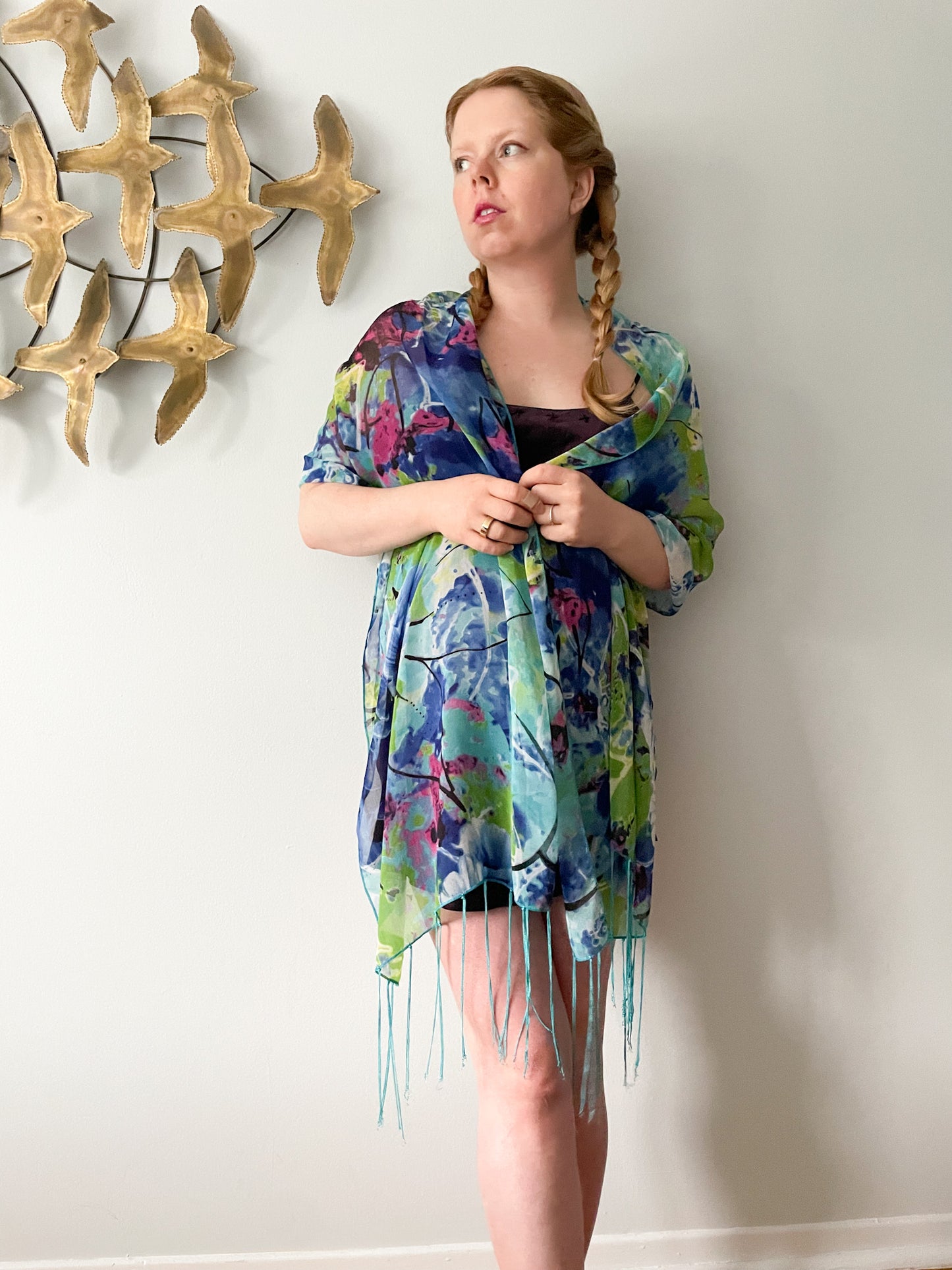 Miss Nikky Blue Watercolour Floral Tassel Fringe Shawl Scarf