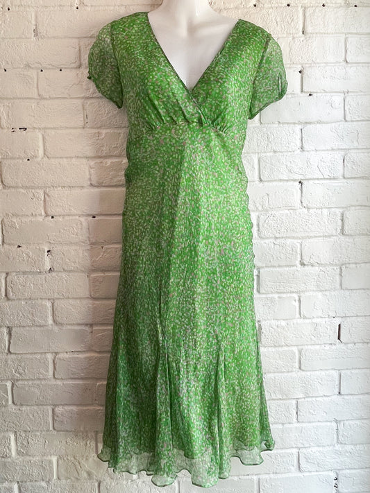 Edina Ronay Kelly Green Floral 100% Silk Garden Party Dress - UK 8 / US 2