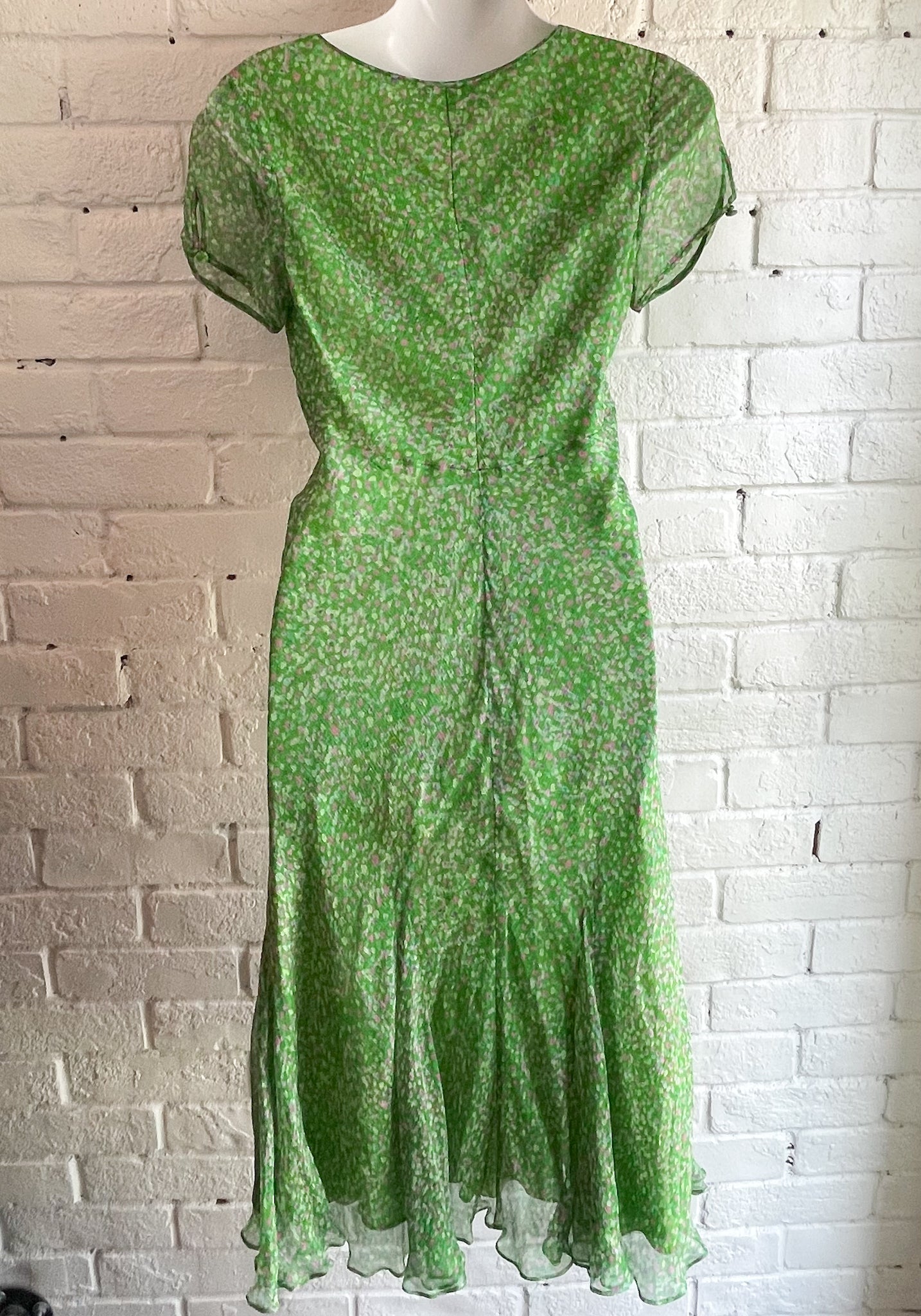 Edina Ronay Kelly Green Floral 100% Silk Garden Party Dress - UK 8 / US 2