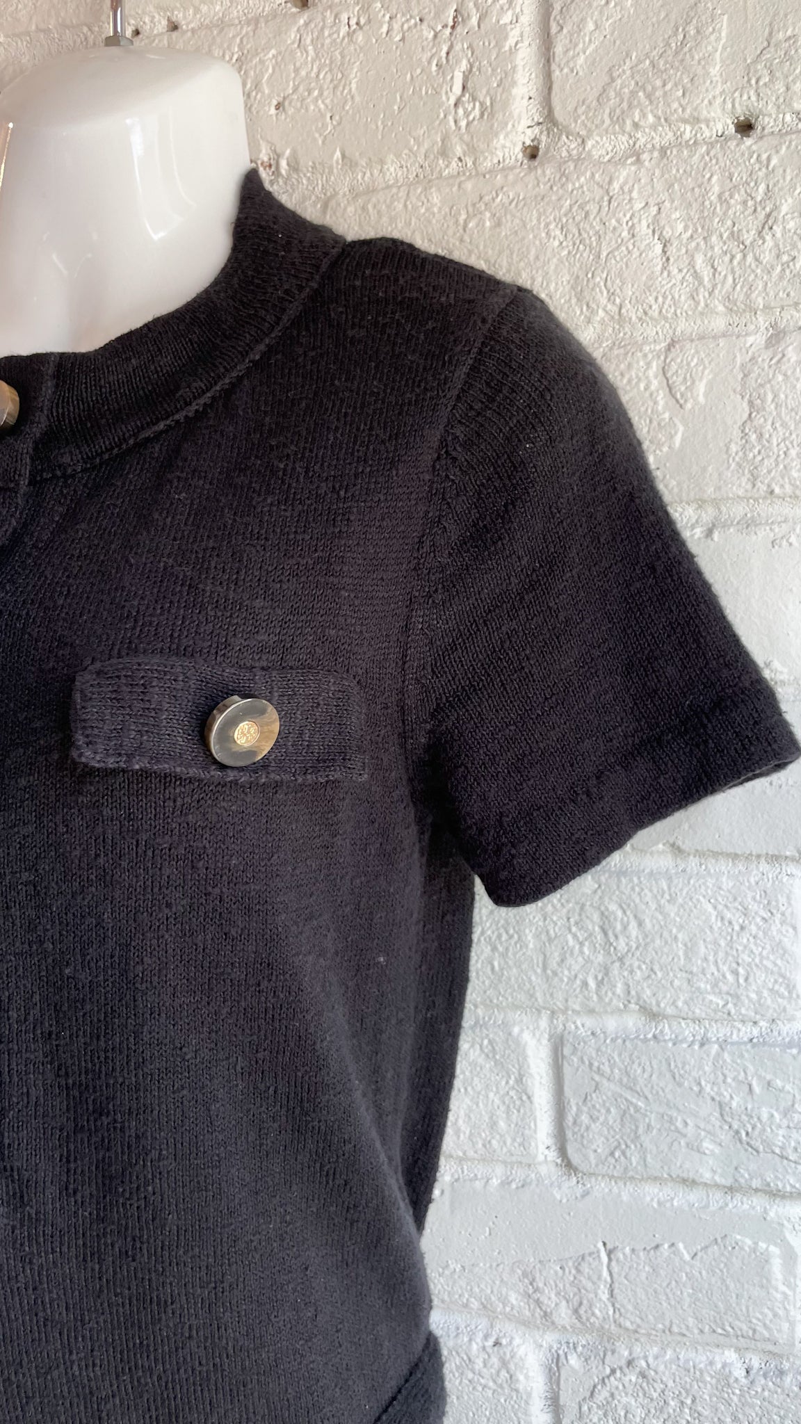 Tory Burch Black Cotton Linen Button Front Belted Utility Knit Dress - Small