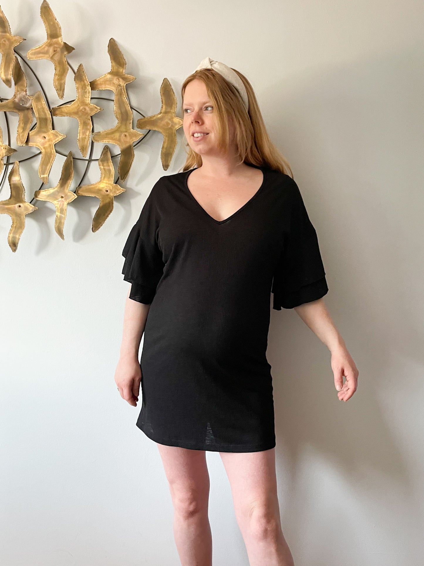 Cover Me Black V-Neck Ruffle Sleeve Swim Cover Up / Dress - L/XL