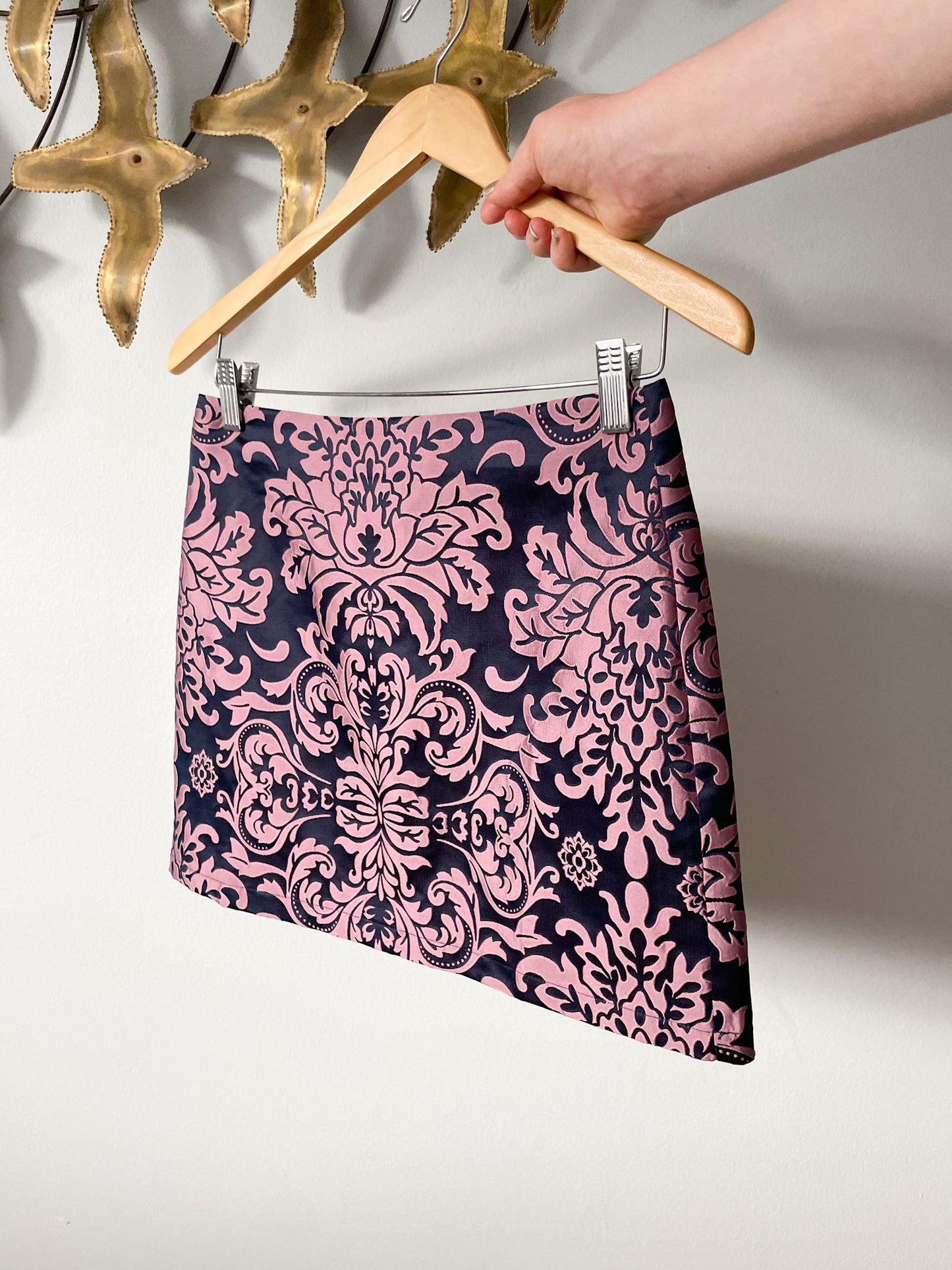 Pink Purple Brocade Satin Mini Skirt - Small