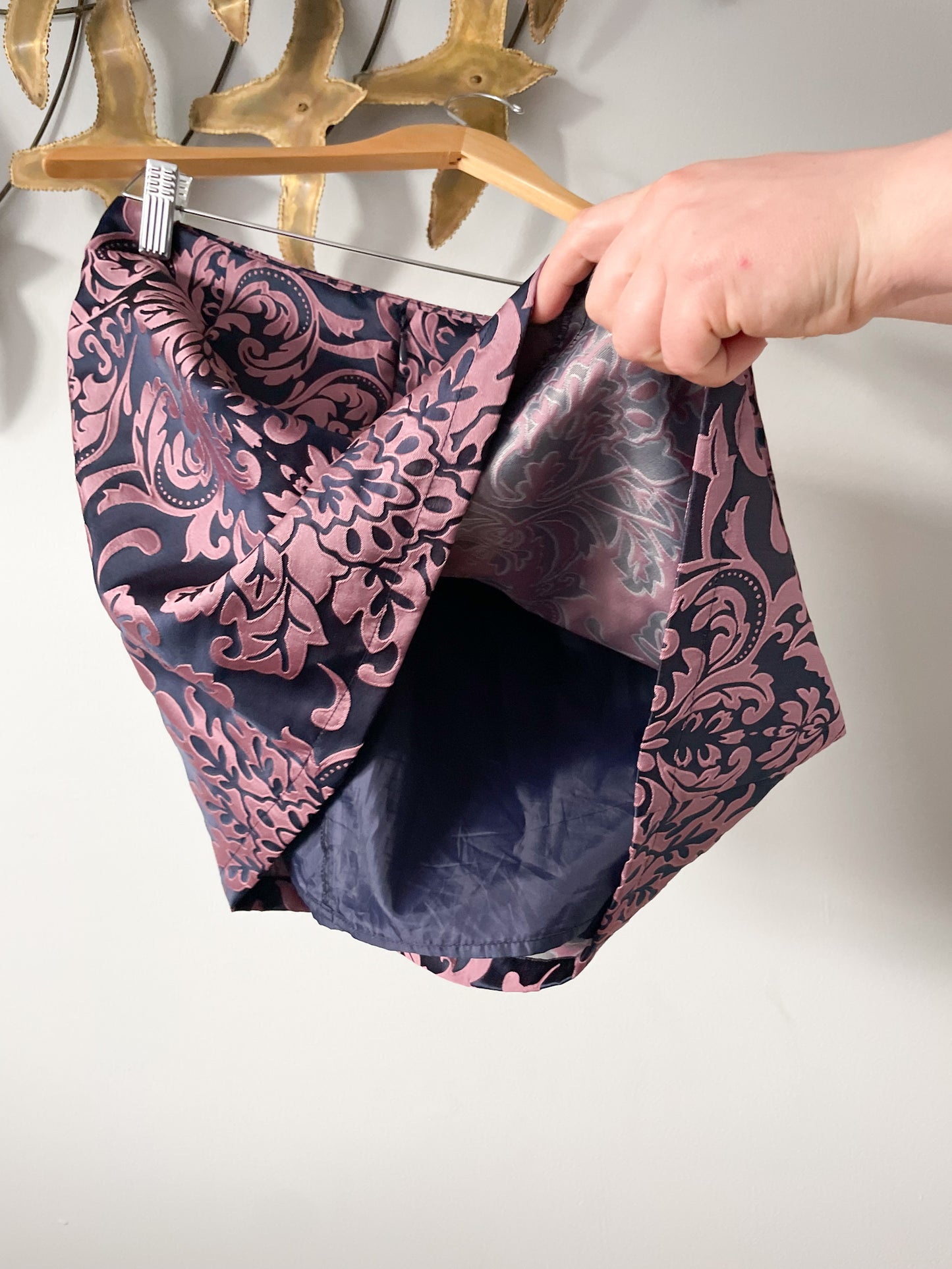 Pink Purple Brocade Satin Mini Skirt - Small