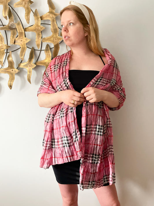 Pink Plaid Silk Blend Scarf Shawl Cover Up
