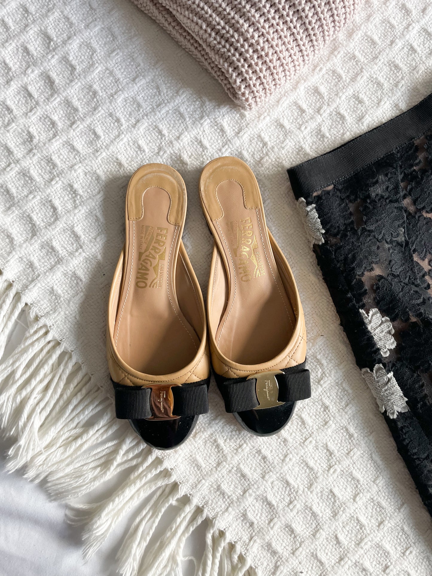 Salvatore Ferragamo Quilted Camel Slider Shoe with Vara Bow - Size 5