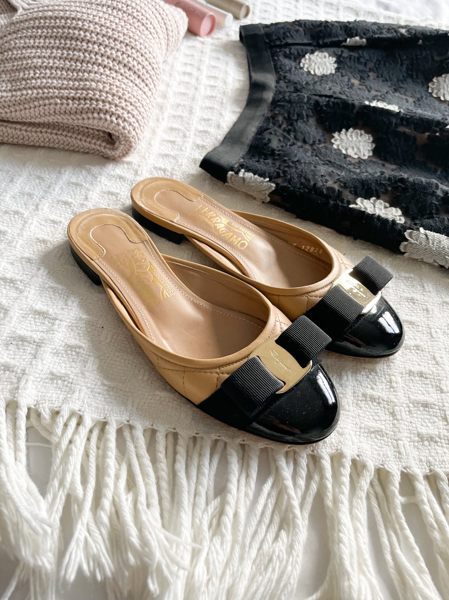 Salvatore Ferragamo Quilted Camel Slider Shoe with Vara Bow - Size 5