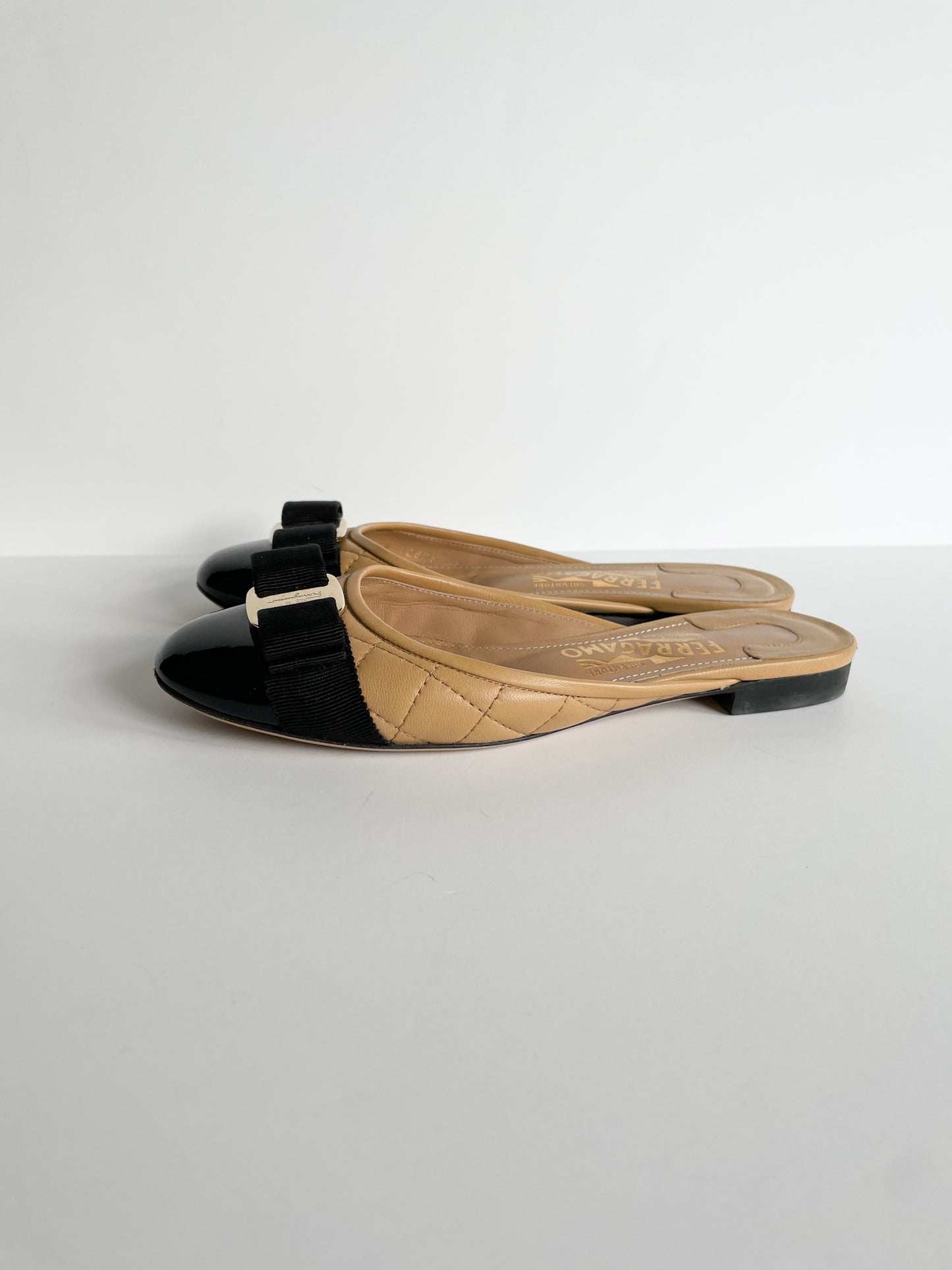 Salvatore Ferragamo Quilted Camel Slider Shoe with Vara Bow - Size 5