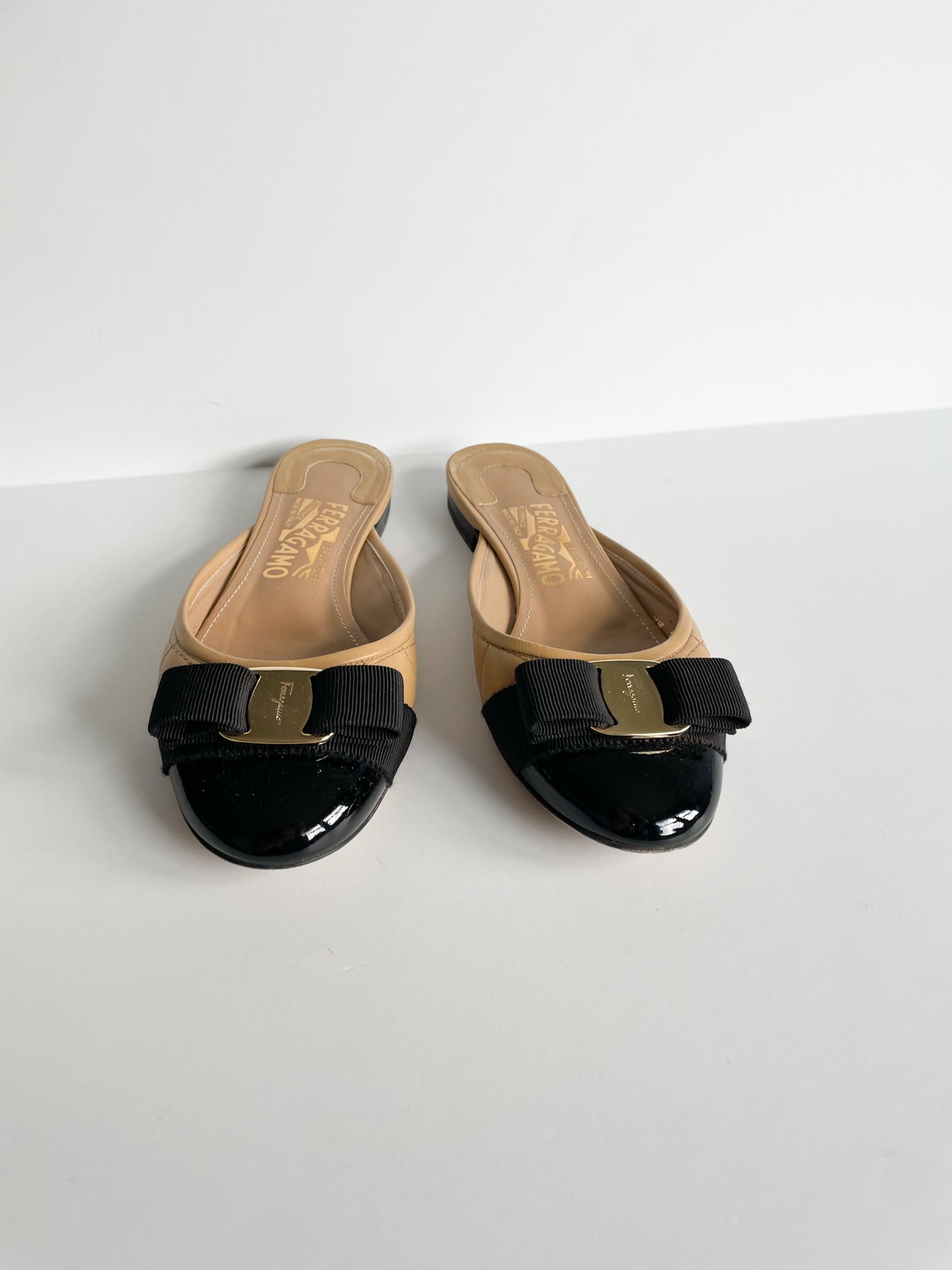 Salvatore Ferragamo Quilted Camel Slider Shoe with Vara Bow - Size 5