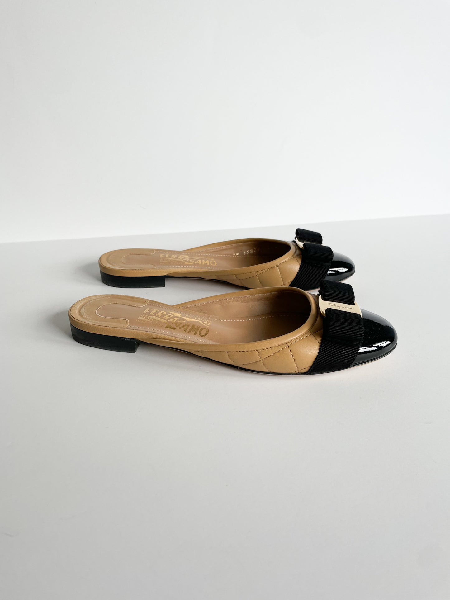Salvatore Ferragamo Quilted Camel Slider Shoe with Vara Bow - Size 5
