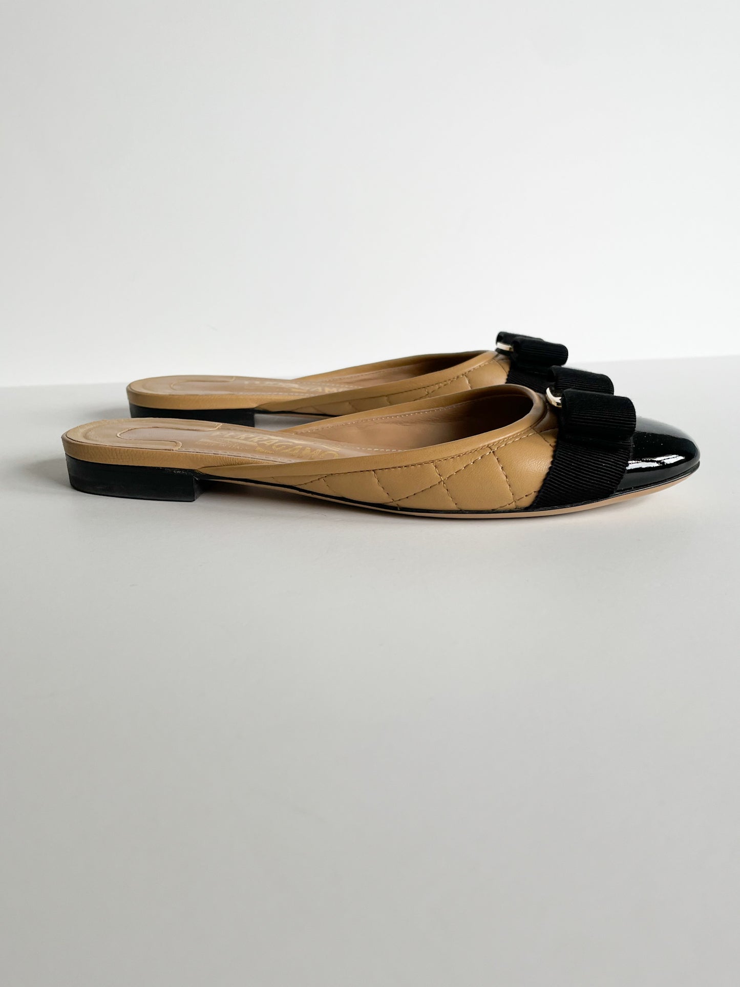 Salvatore Ferragamo Quilted Camel Slider Shoe with Vara Bow - Size 5