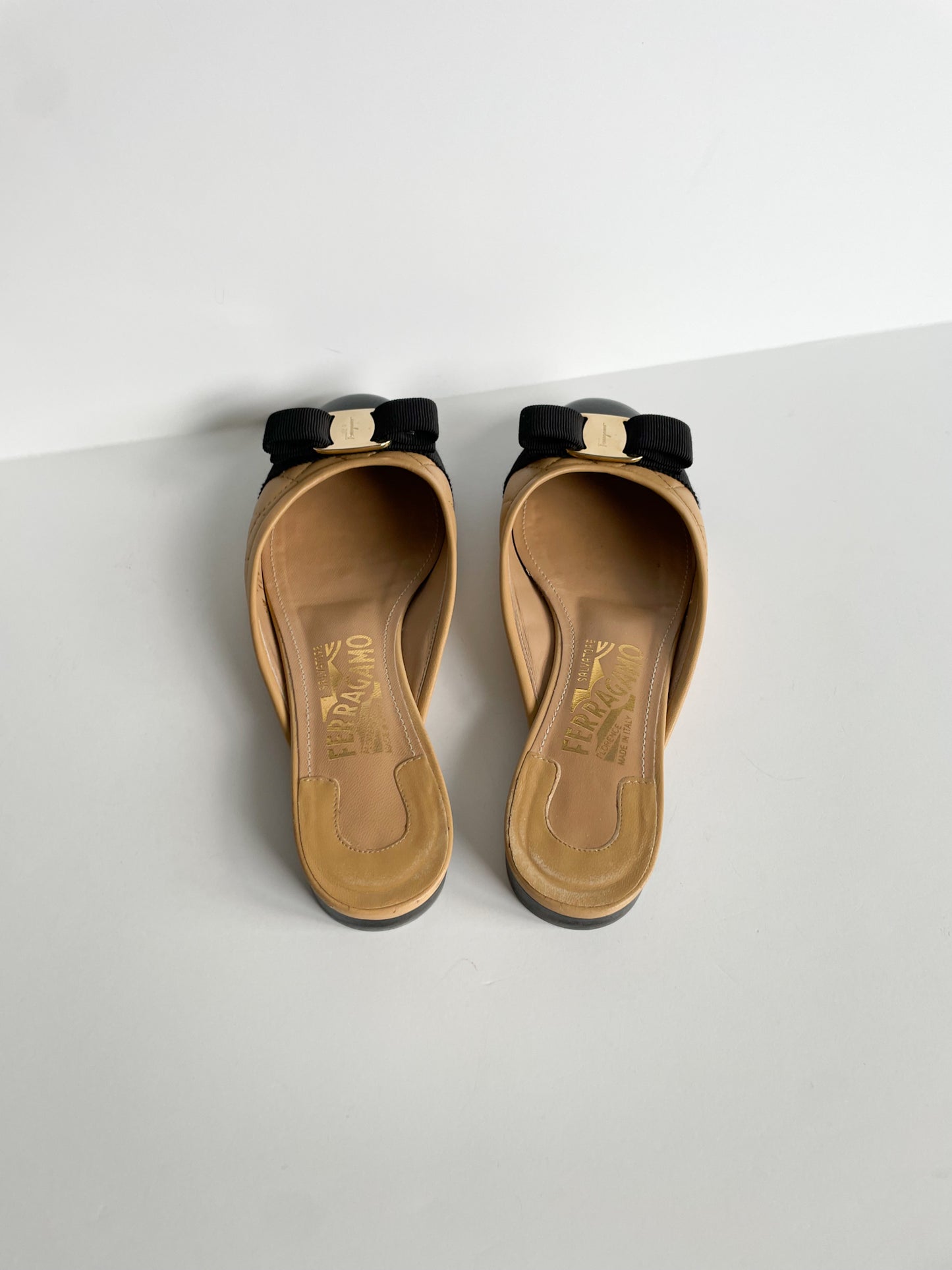 Salvatore Ferragamo Quilted Camel Slider Shoe with Vara Bow - Size 5