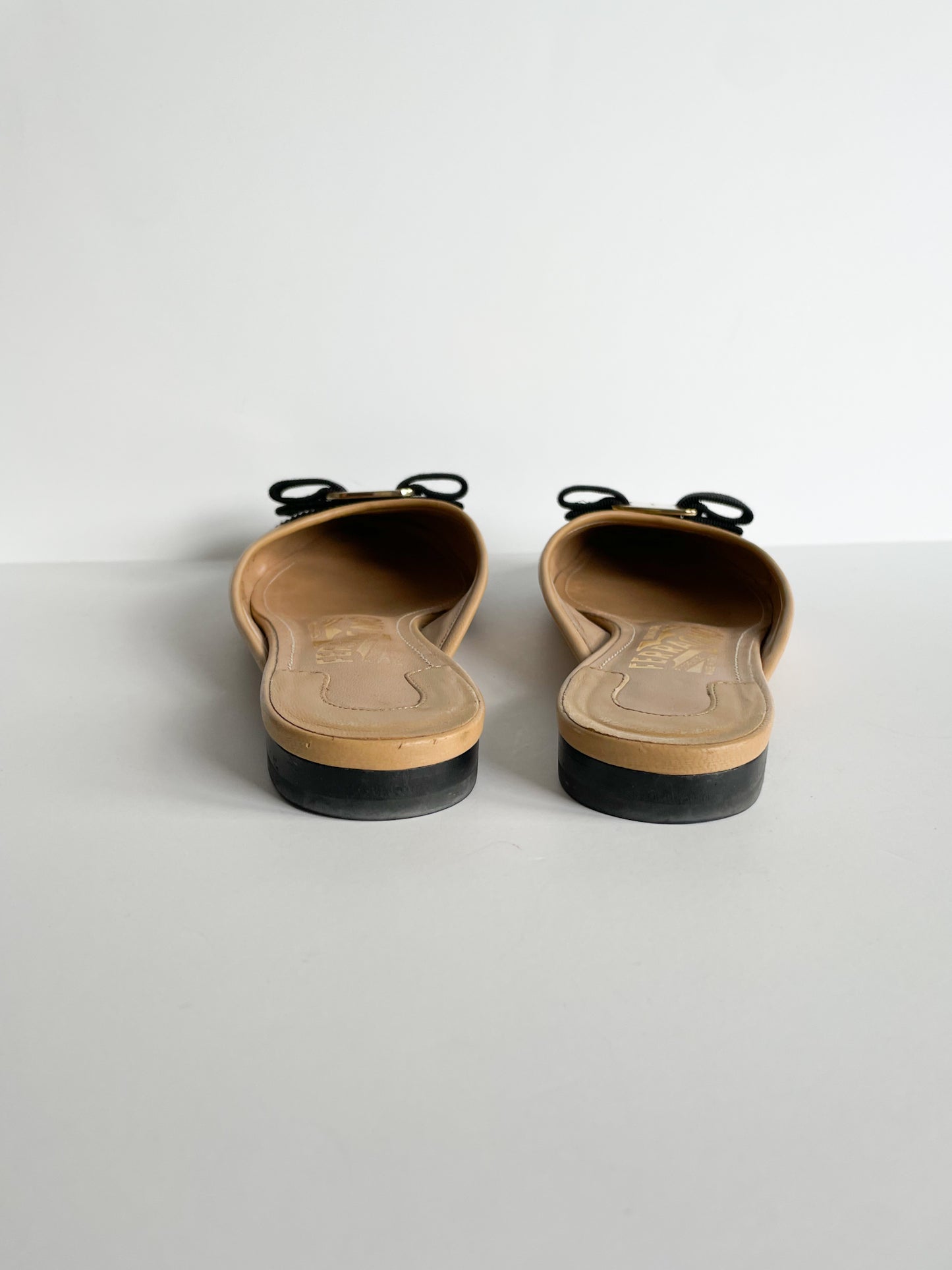 Salvatore Ferragamo Quilted Camel Slider Shoe with Vara Bow - Size 5